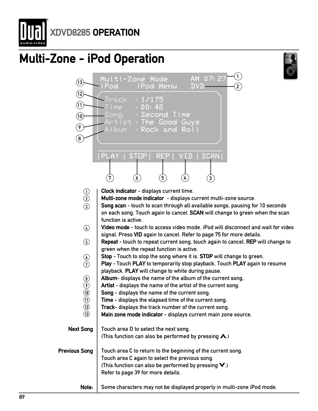 Dual XDVD8285 owner manual Multi-Zone iPod Operation, Next Song Previous Song 