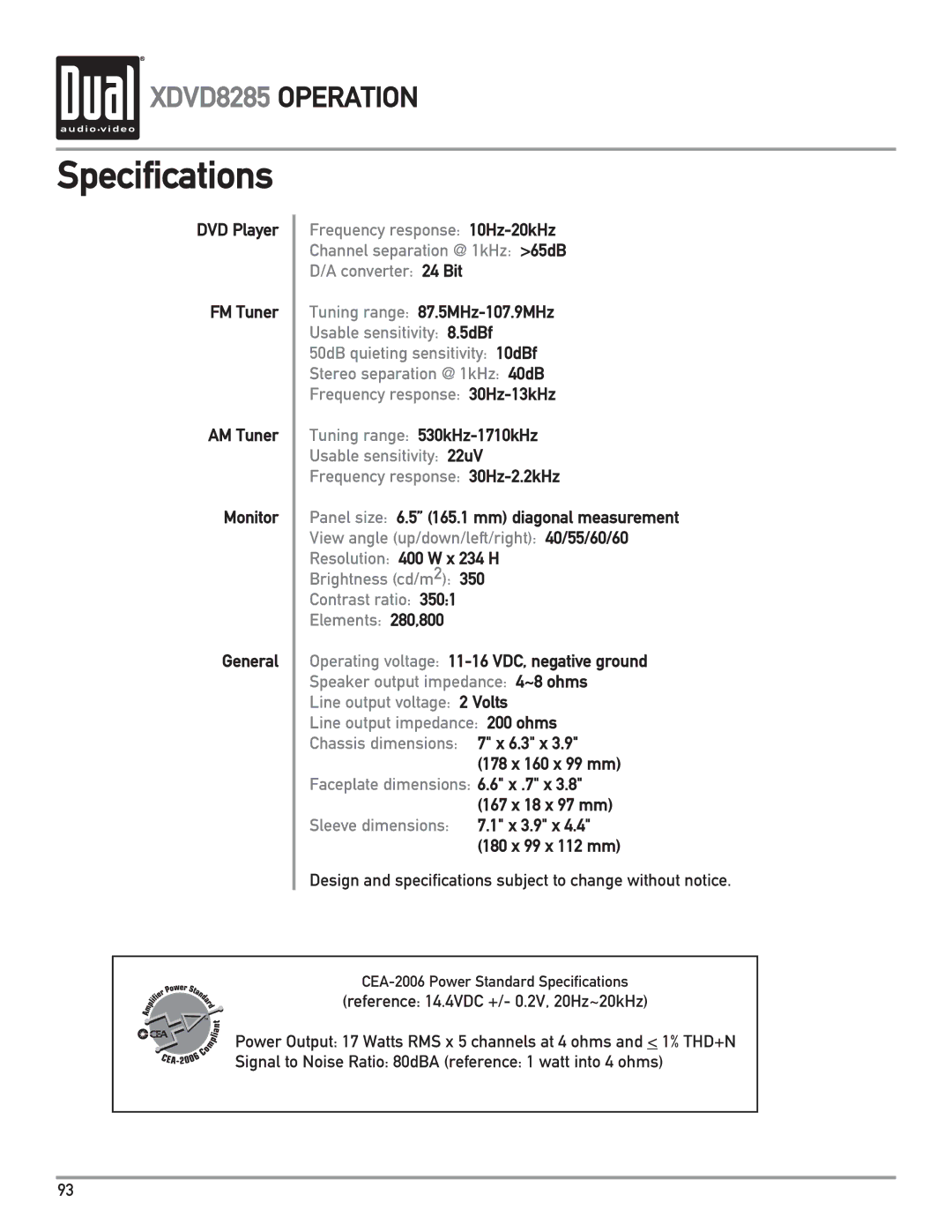 Dual XDVD8285 owner manual Specifications 