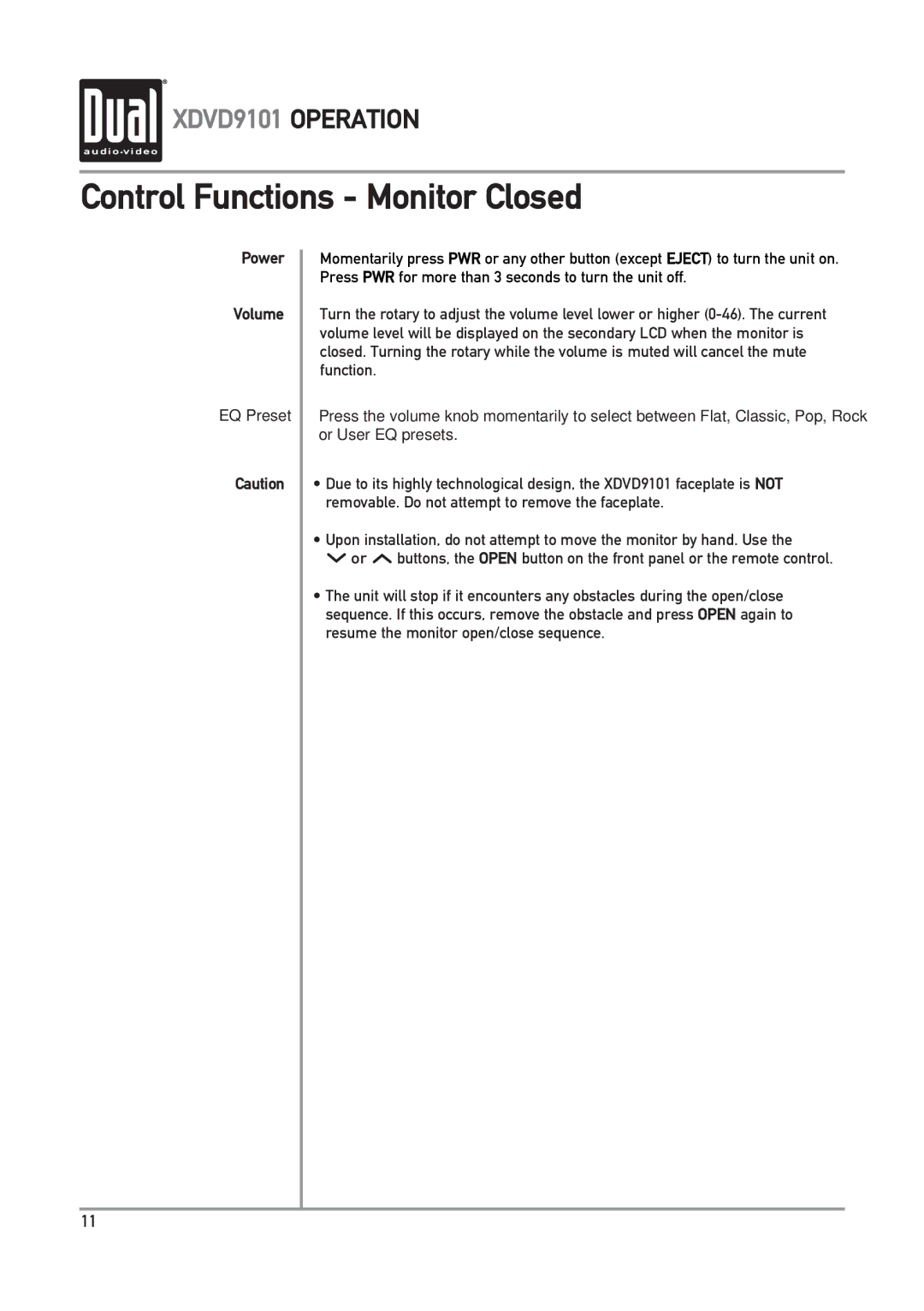 Dual XDVD9101 owner manual Power Volume EQ Preset 
