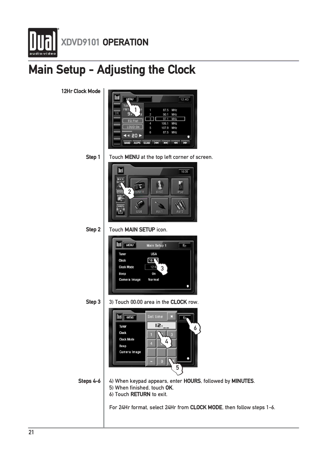 Dual XDVD9101 owner manual Main Setup Adjusting the Clock, Step Steps 