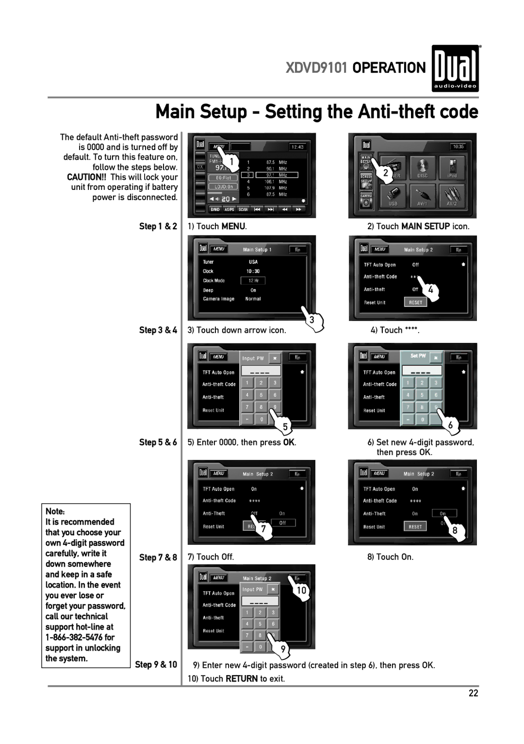 Dual XDVD9101 owner manual Touch Menu, Enter 0000, then press OK Touch Main Setup icon 