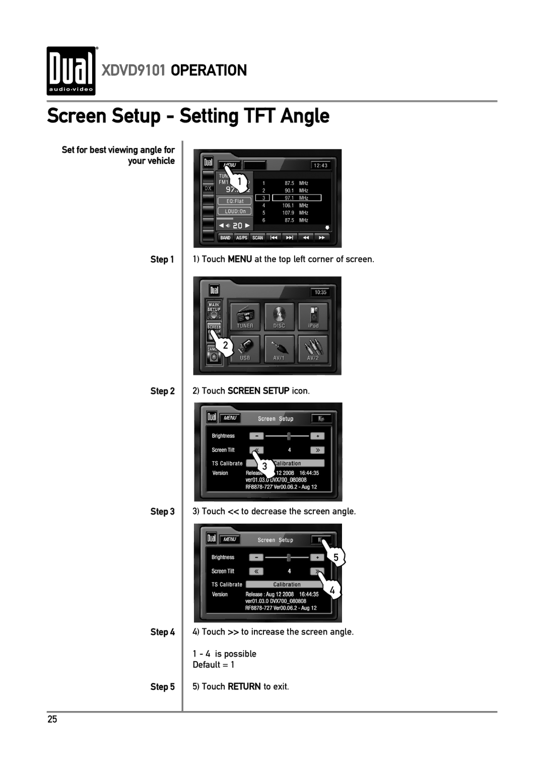 Dual XDVD9101 owner manual Screen Setup Setting TFT Angle 