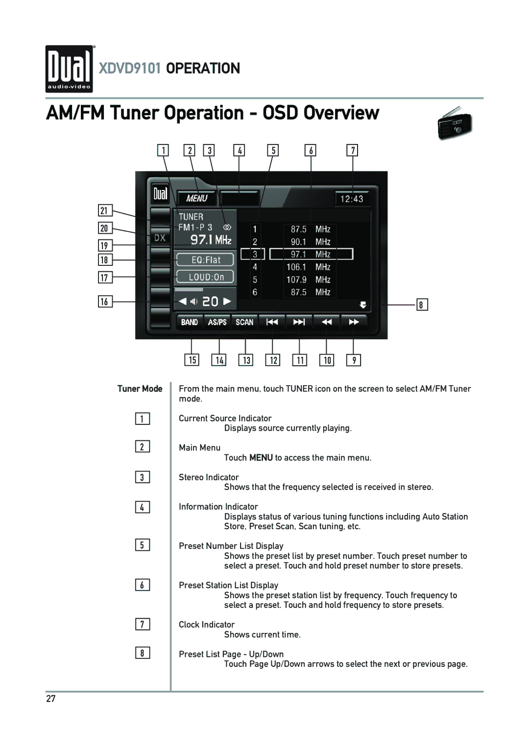 Dual XDVD9101 owner manual Tuner Mode, Main Menu 