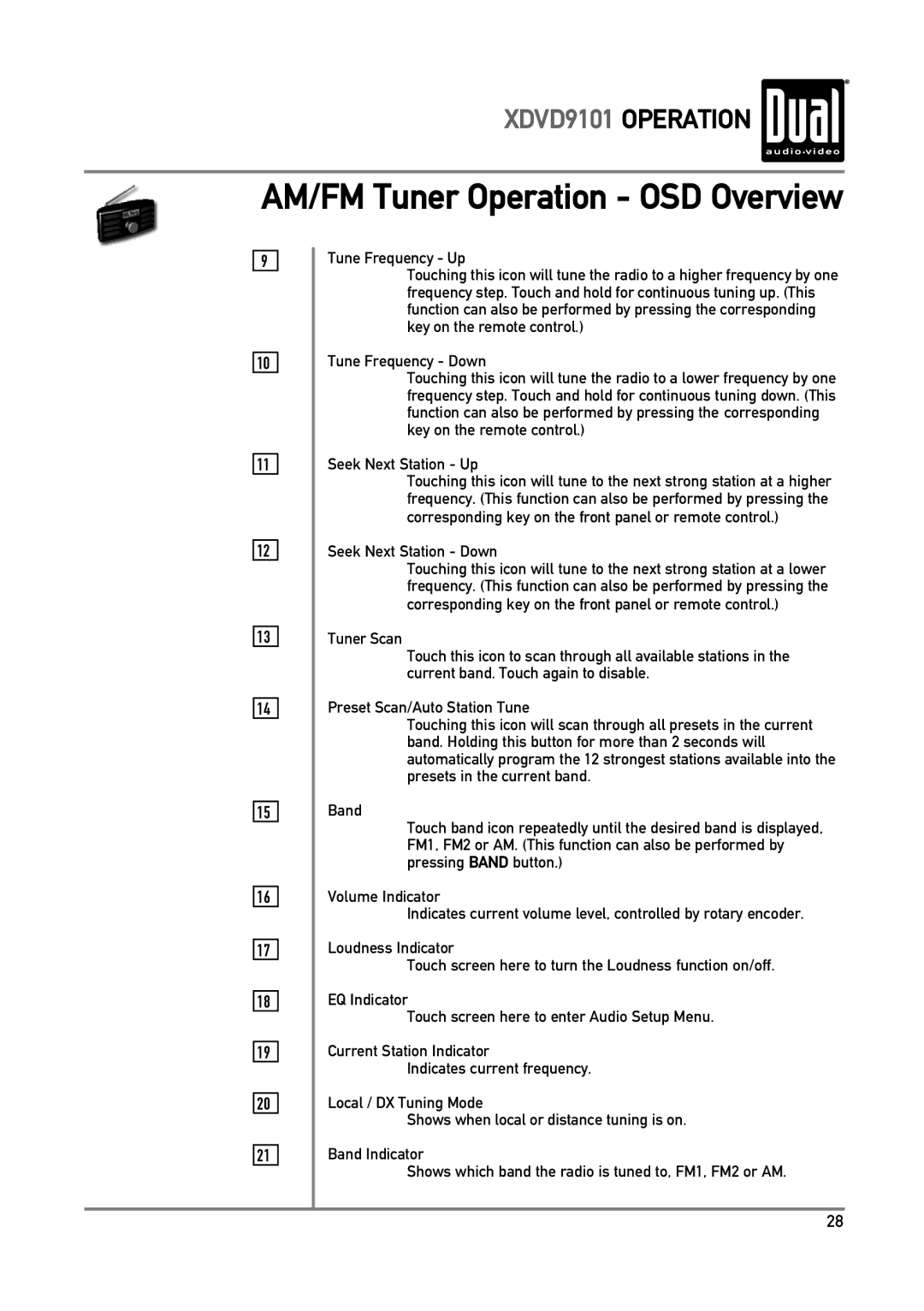 Dual XDVD9101 owner manual Tune Frequency Up, Tune Frequency Down, Seek Next Station Up 