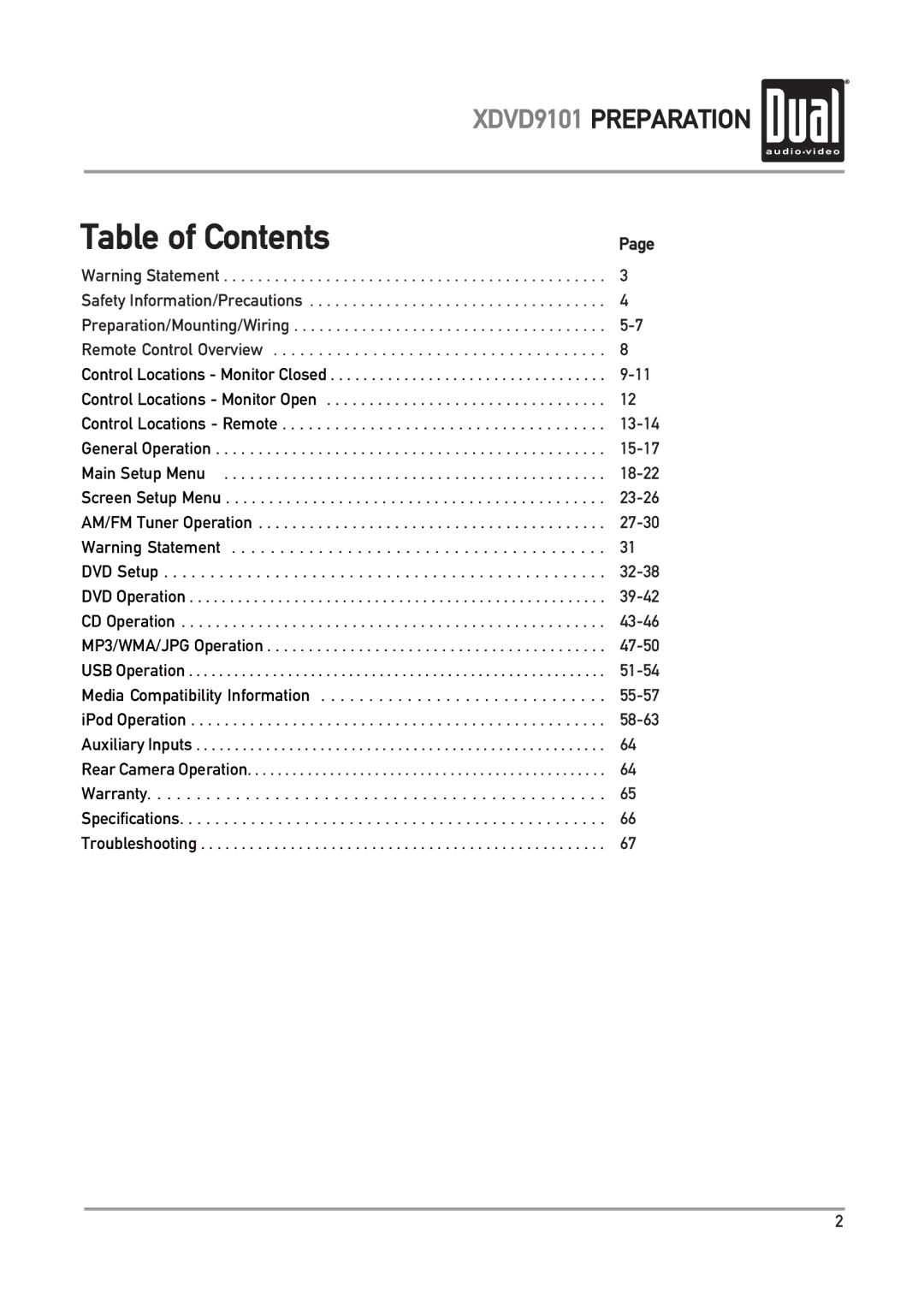 Dual XDVD9101 owner manual Table of Contents 