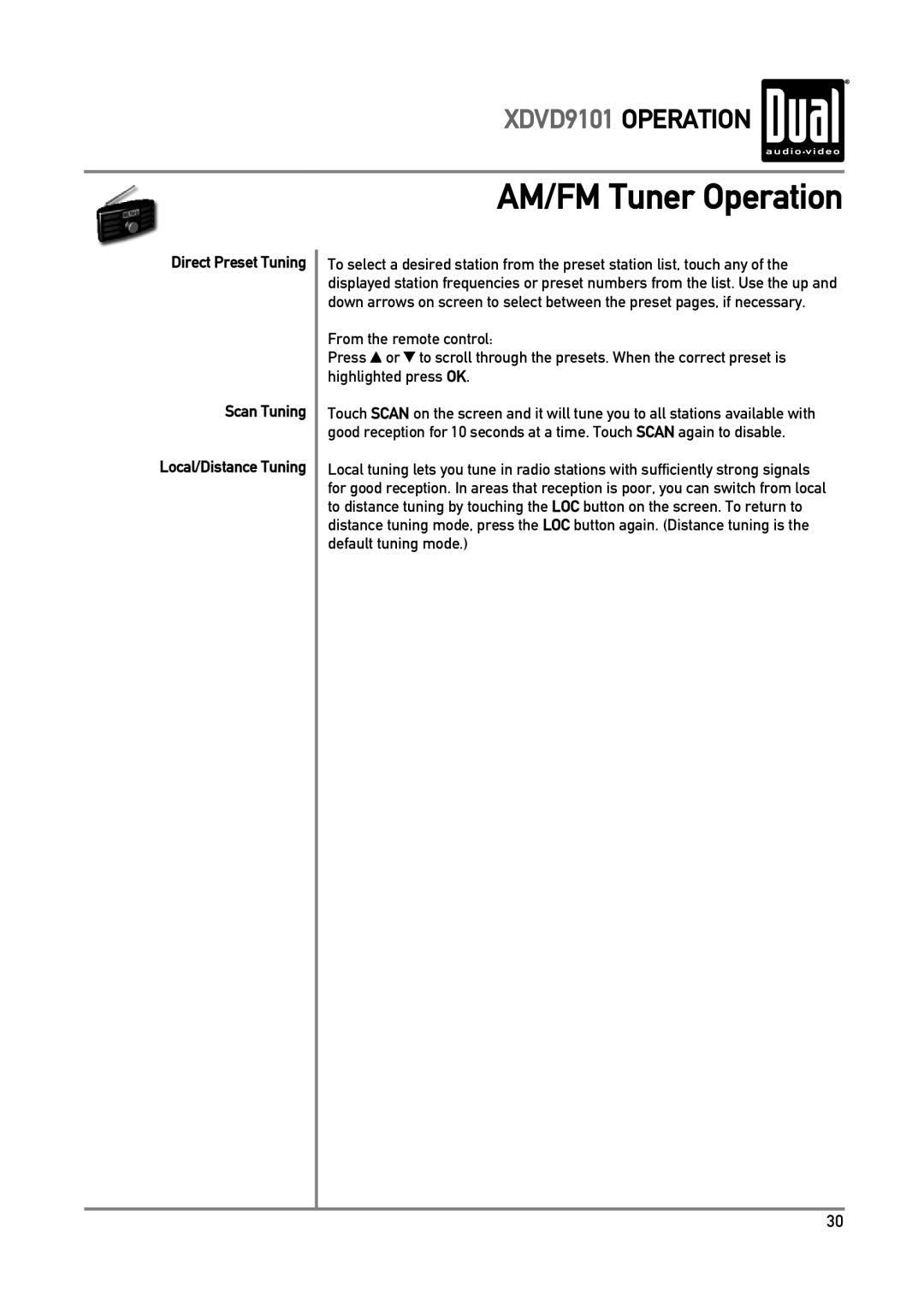 Dual XDVD9101 owner manual Scan Tuning, Local/Distance Tuning 