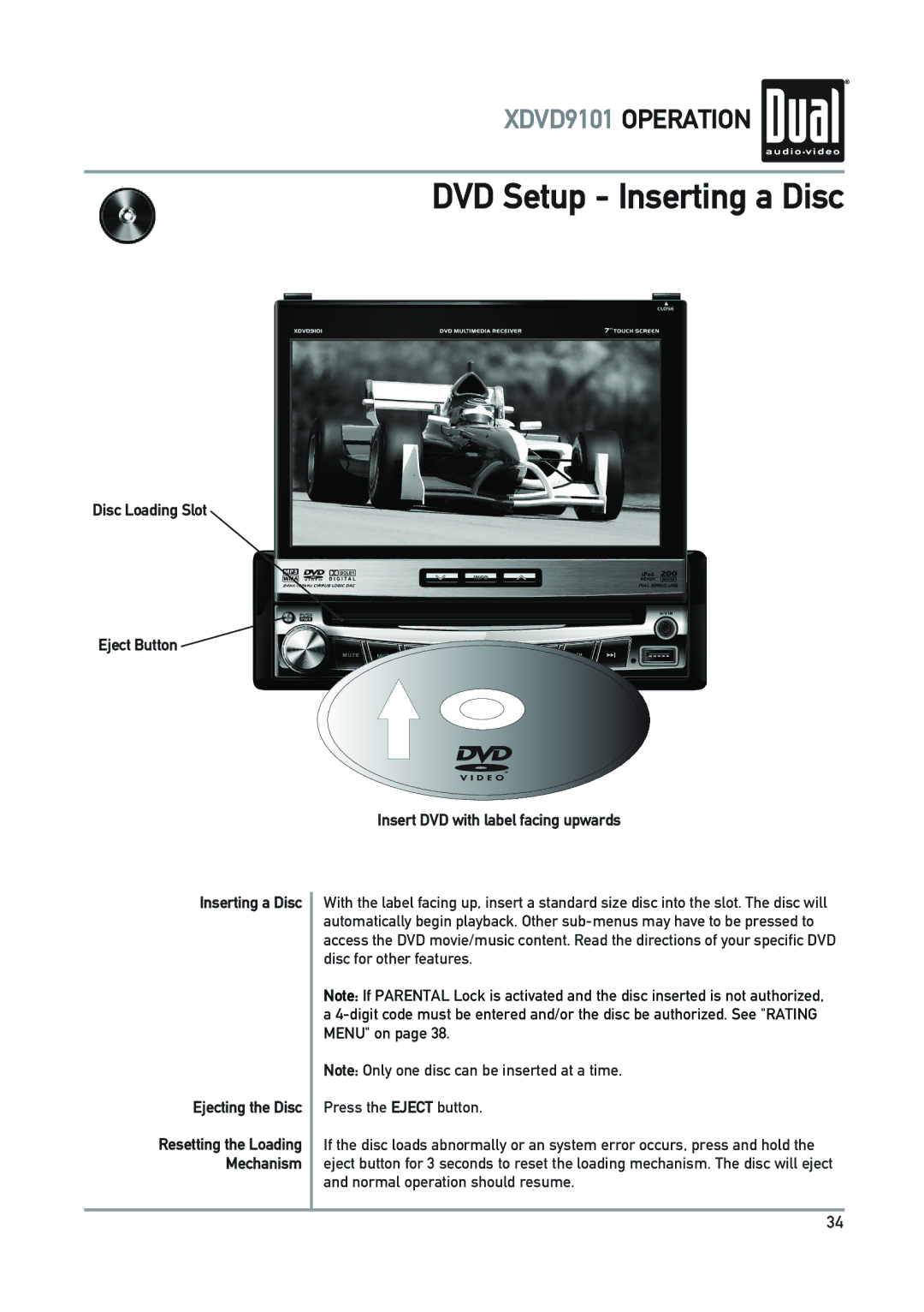 Dual XDVD9101 owner manual DVD Setup Inserting a Disc 