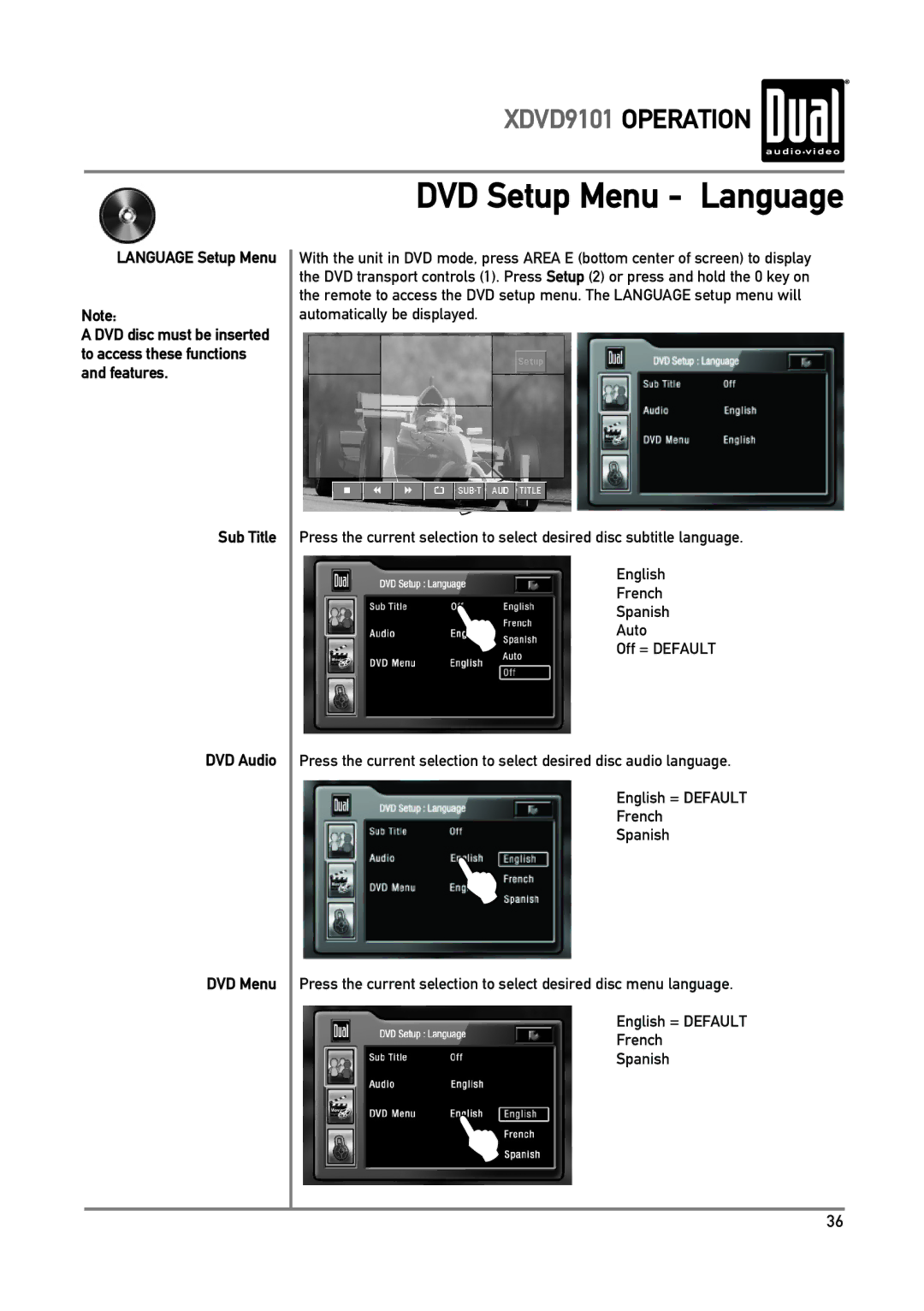 Dual XDVD9101 owner manual DVD Setup Menu Language, Language Setup Menu, Sub Title DVD Audio DVD Menu 