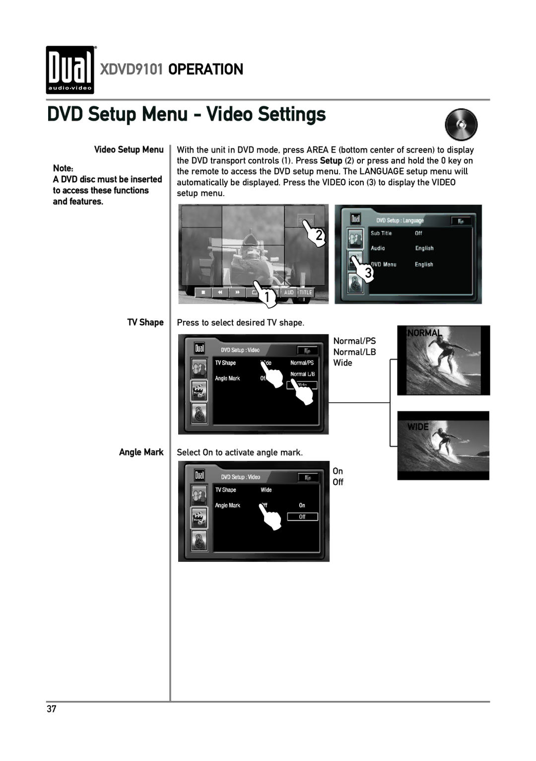 Dual XDVD9101 owner manual Video Setup Menu, TV Shape Angle Mark 