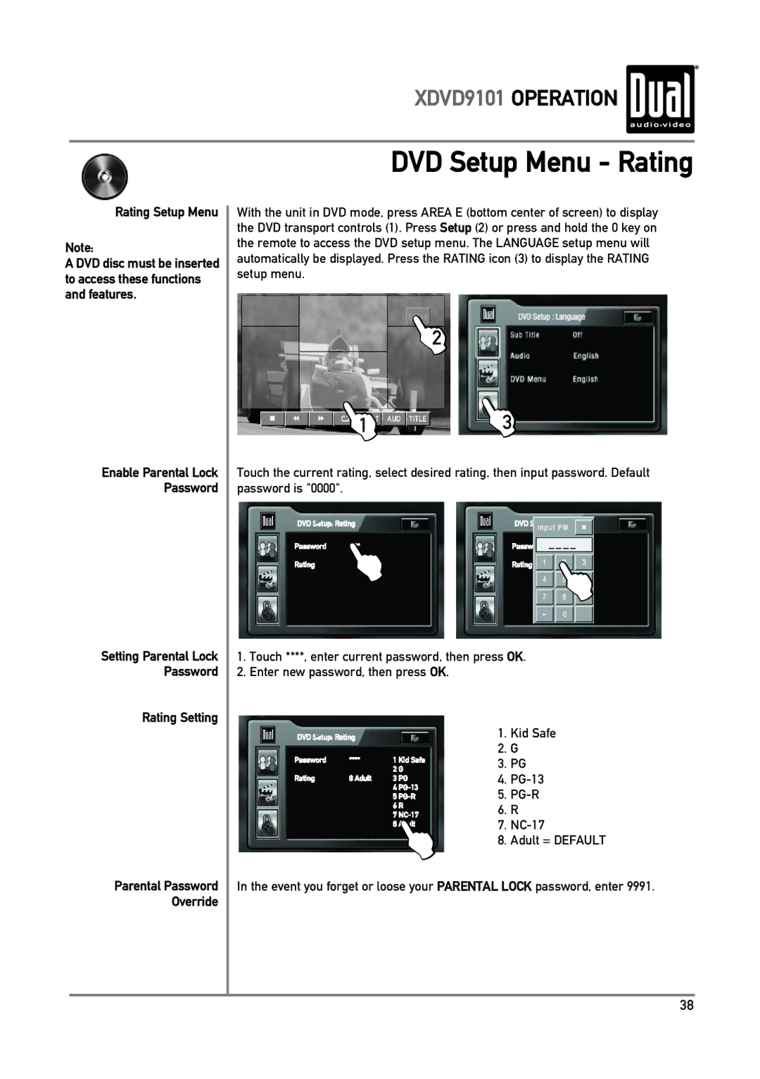 Dual XDVD9101 owner manual DVD Setup Menu Rating, Rating Setting, Override 