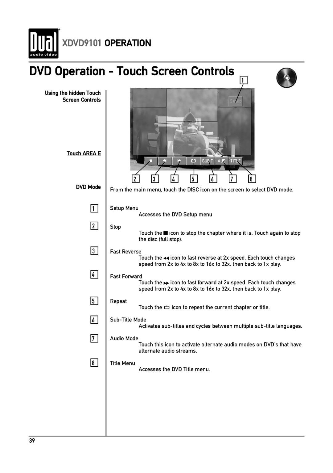 Dual XDVD9101 owner manual DVD Operation Touch Screen Controls, Touch Area E DVD Mode, Fast Forward 