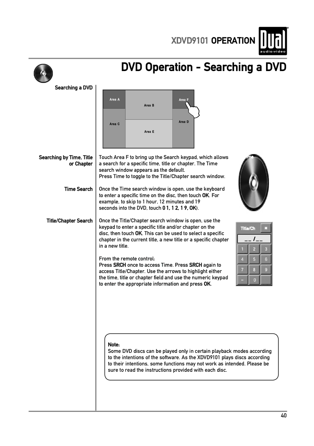 Dual XDVD9101 owner manual DVD Operation Searching a DVD, Time Search Title/Chapter Search 