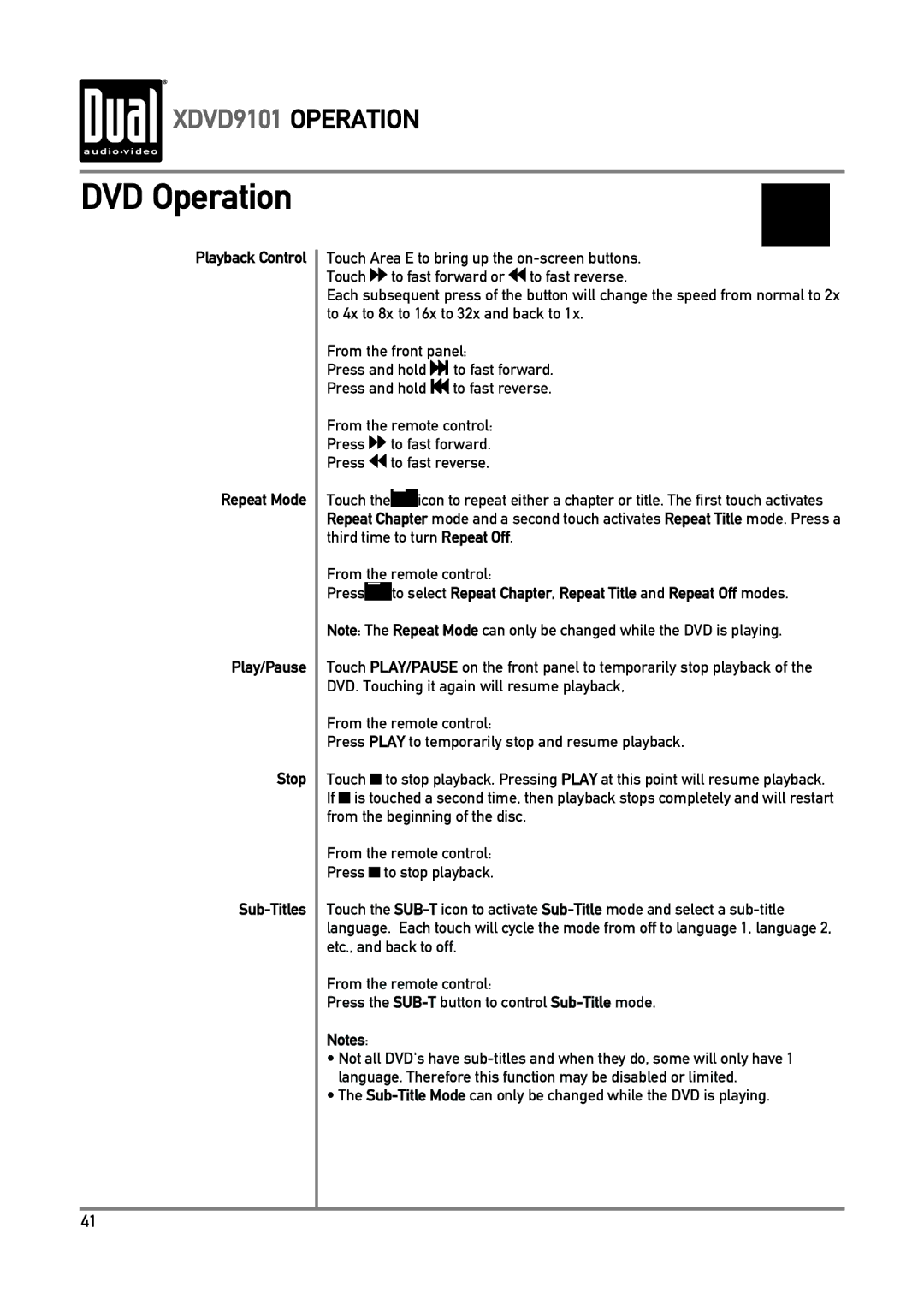 Dual XDVD9101 owner manual DVD Operation, Playback Control Repeat Mode Play/Pause Stop Sub-Titles 