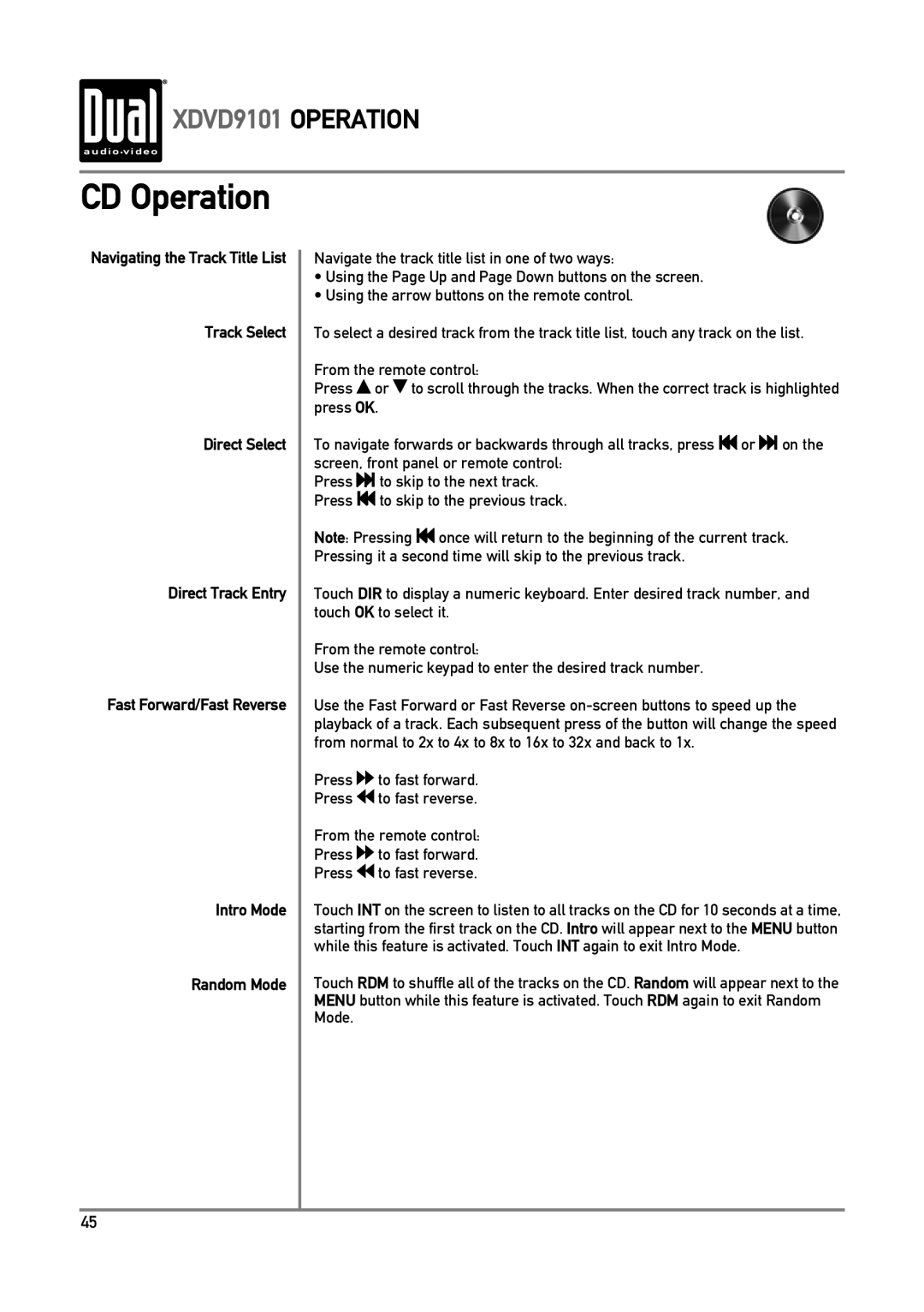 Dual XDVD9101 owner manual CD Operation, Track Select Direct Select Direct Track Entry, Intro Mode Random Mode 