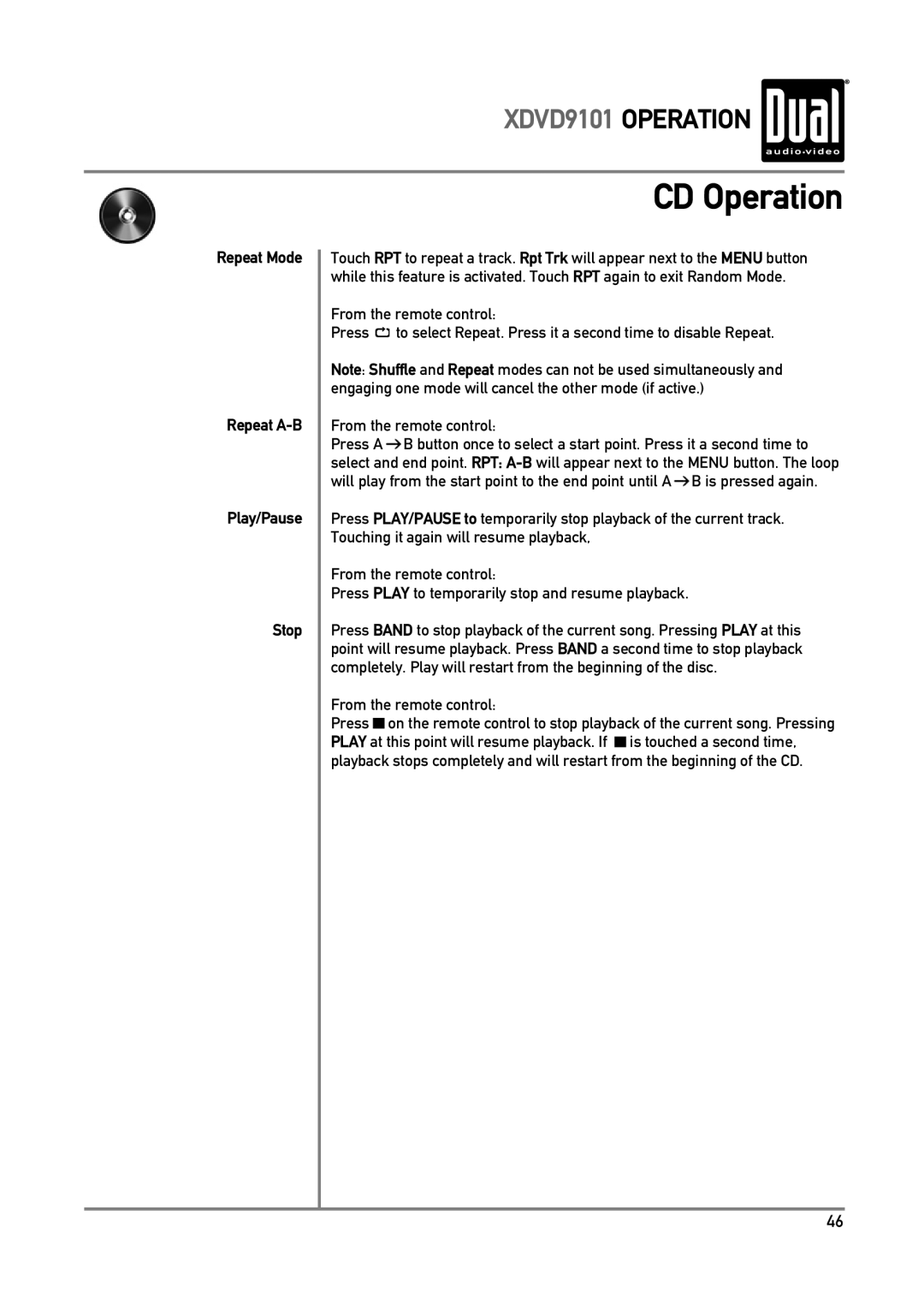 Dual XDVD9101 owner manual Repeat Mode Repeat A-B Play/Pause Stop 