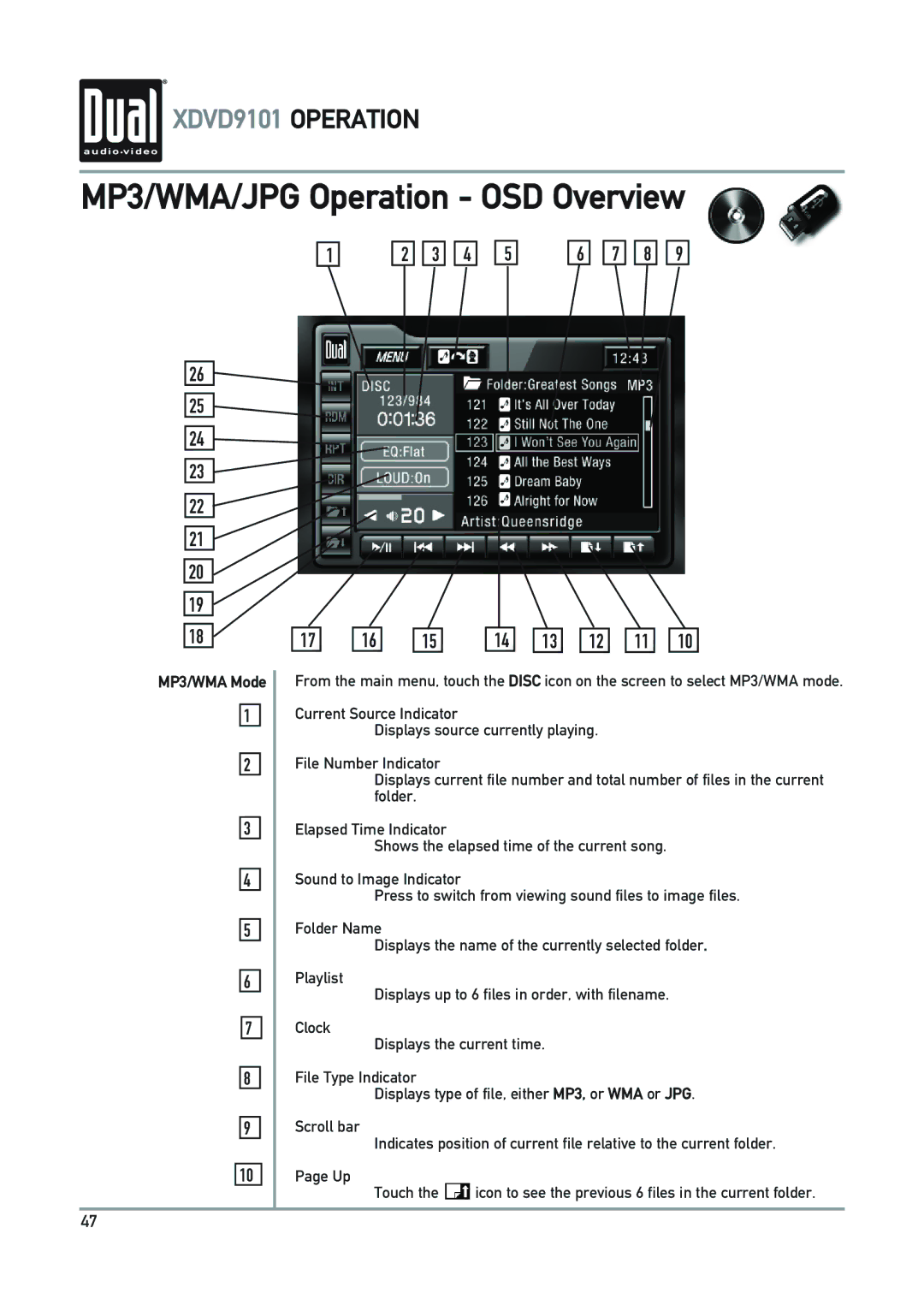 Dual XDVD9101 owner manual MP3/WMA/JPG Operation OSD Overview, MP3/WMA Mode 