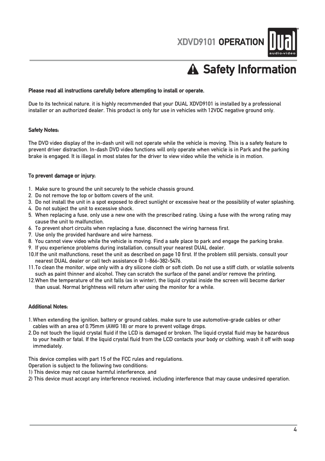 Dual XDVD9101 owner manual Safety Information, To prevent damage or injury, Additional Notes 