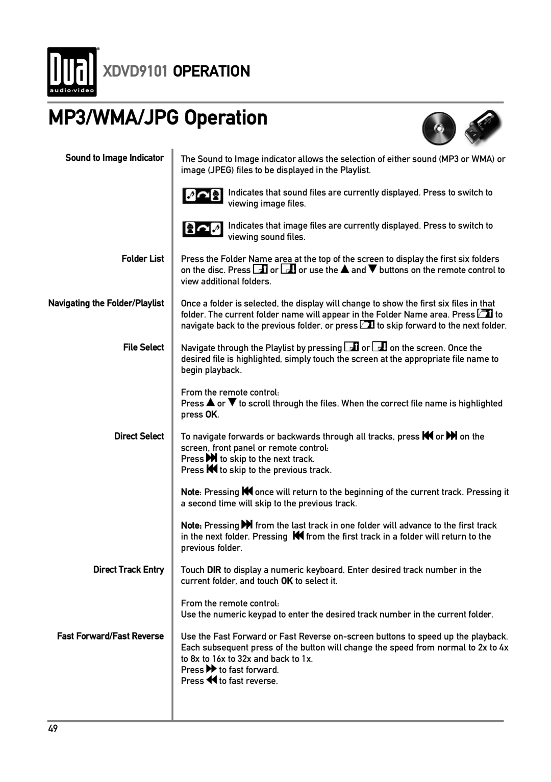 Dual XDVD9101 MP3/WMA/JPG Operation, Sound to Image Indicator Folder List, File Select Direct Select Direct Track Entry 