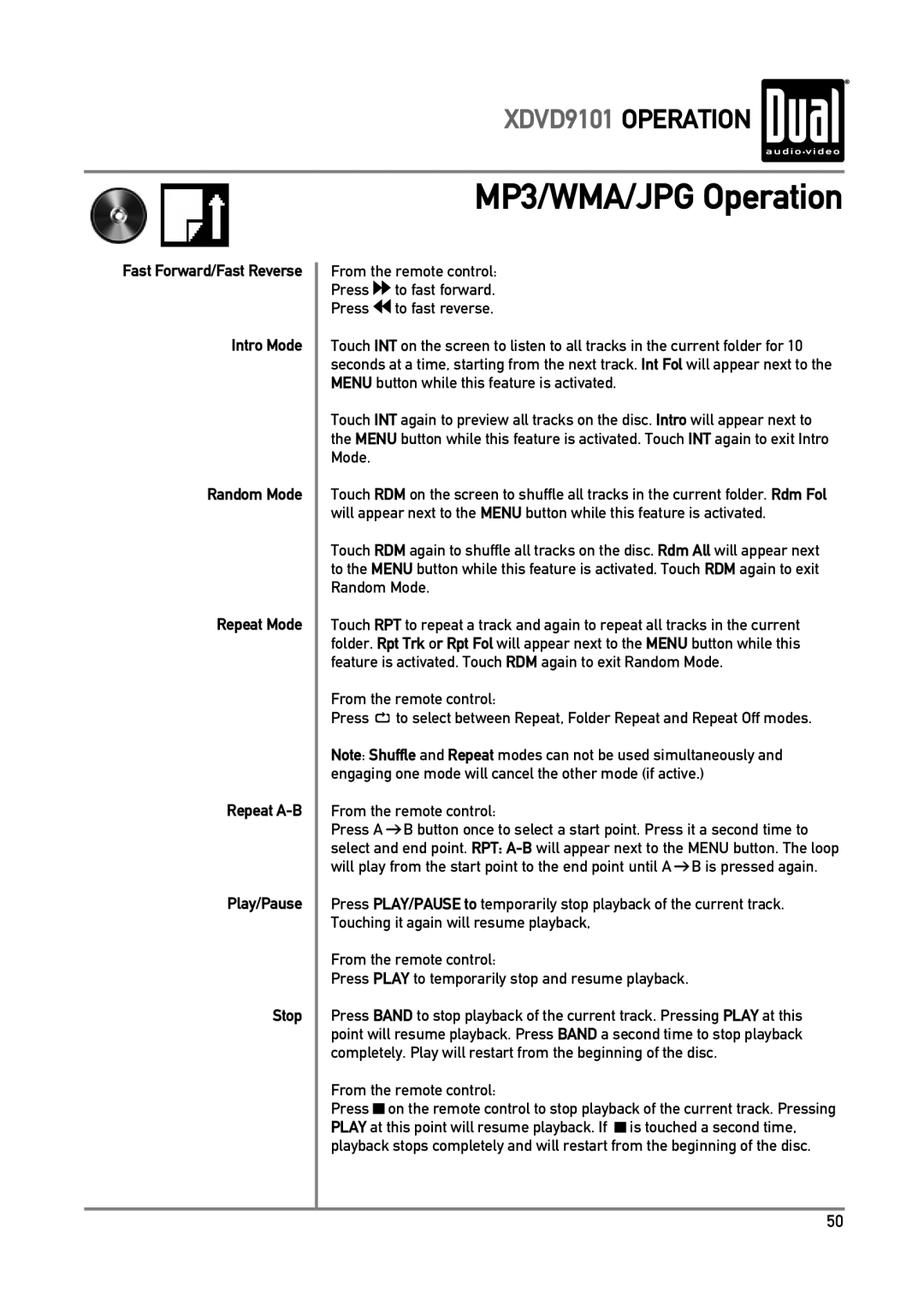 Dual XDVD9101 owner manual MP3/WMA/JPG Operation 