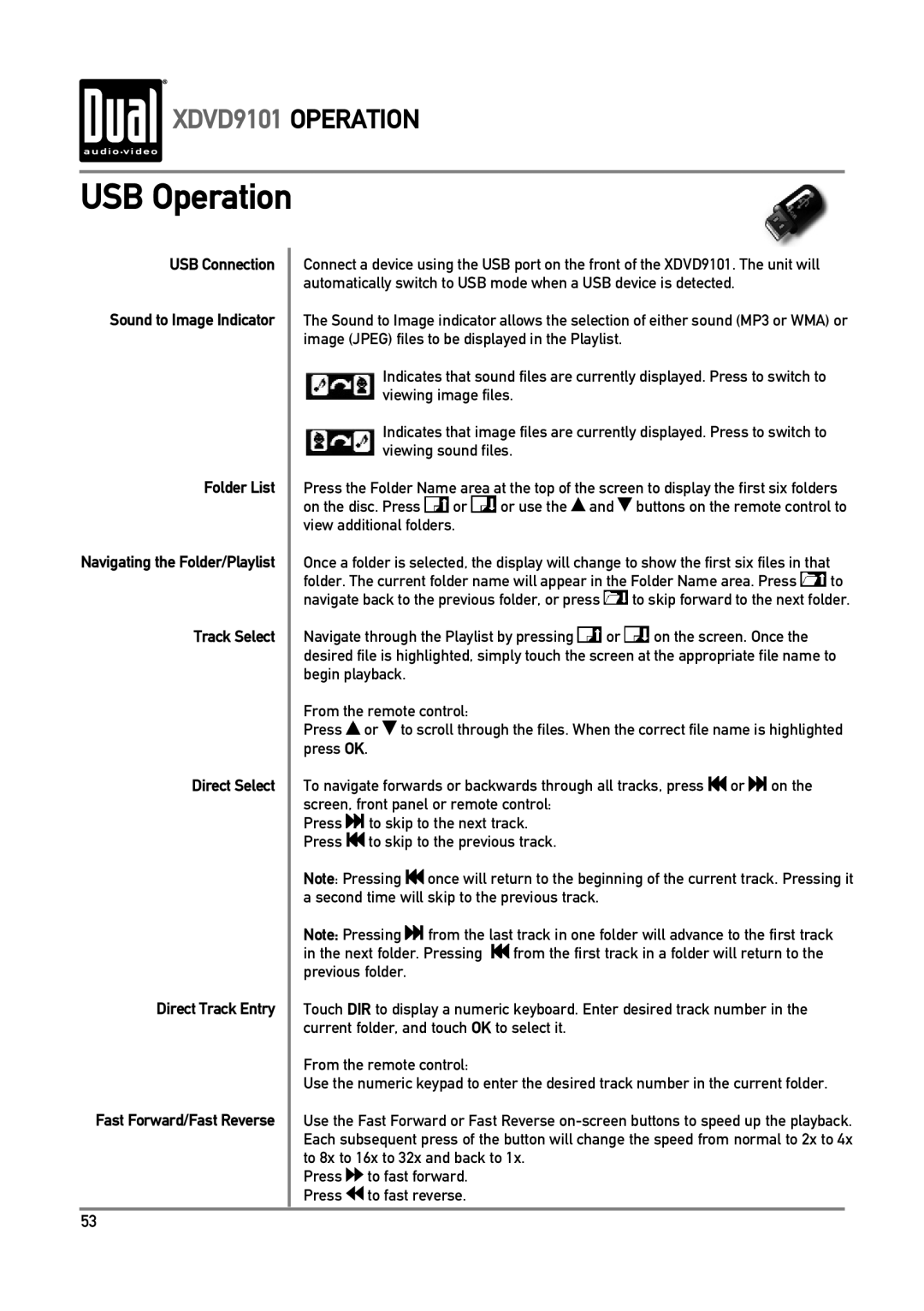 Dual XDVD9101 owner manual USB Operation, USB Connection Sound to Image Indicator Folder List 