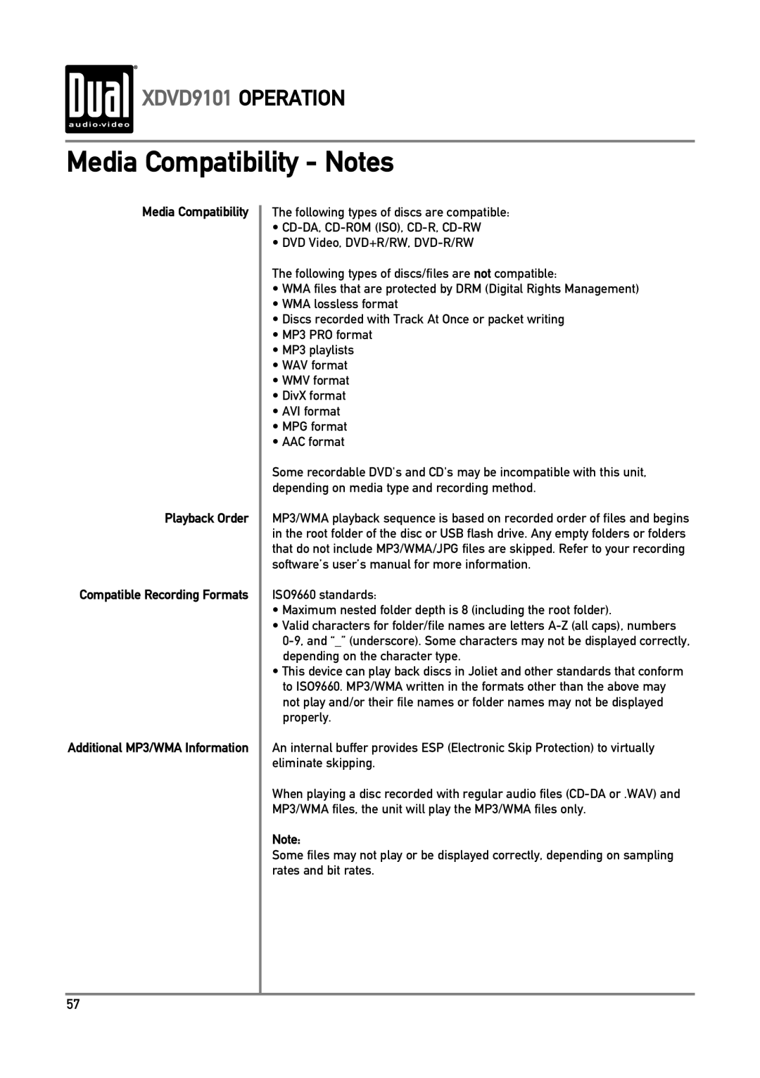 Dual XDVD9101 Media Compatibility Notes, Media Compatibility Playback Order, Following types of discs are compatible 