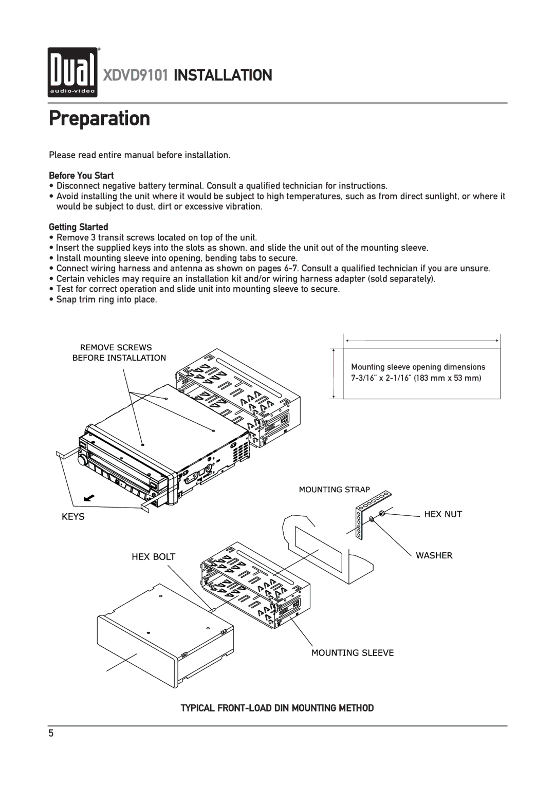 Dual XDVD9101 owner manual Preparation, Please read entire manual before installation, Before You Start, Getting Started 