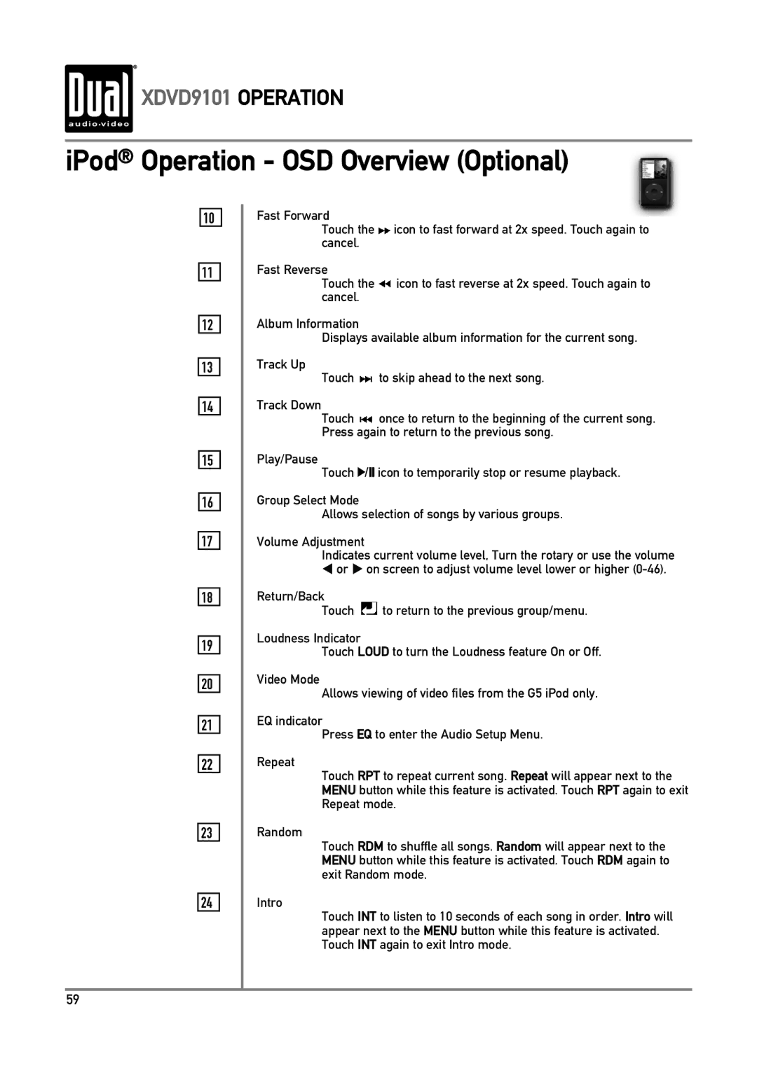 Dual XDVD9101 owner manual IPod Operation OSD Overview Optional 