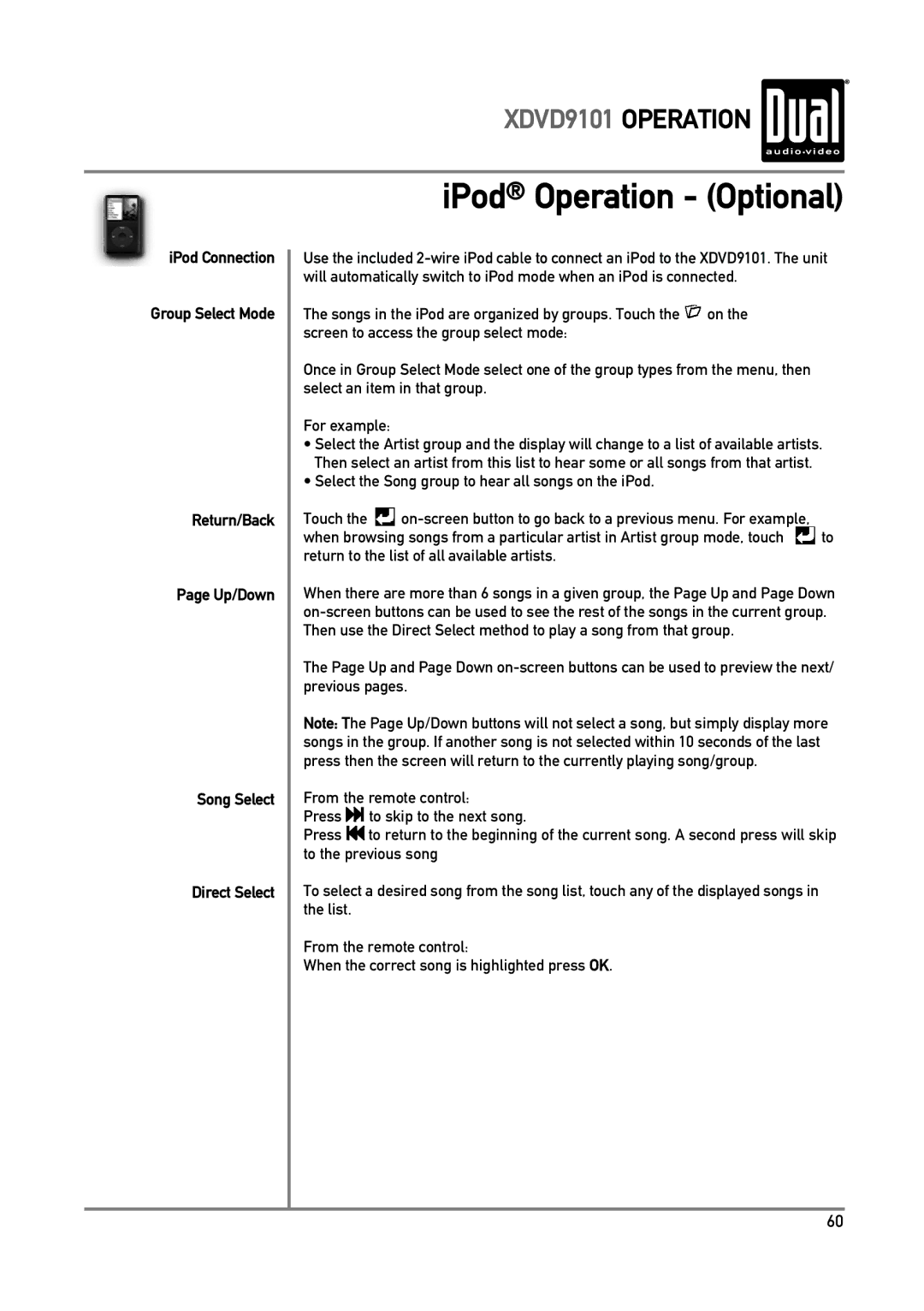 Dual XDVD9101 owner manual IPod Operation Optional, IPod Connection, Return/Back Up/Down Song Select Direct Select 