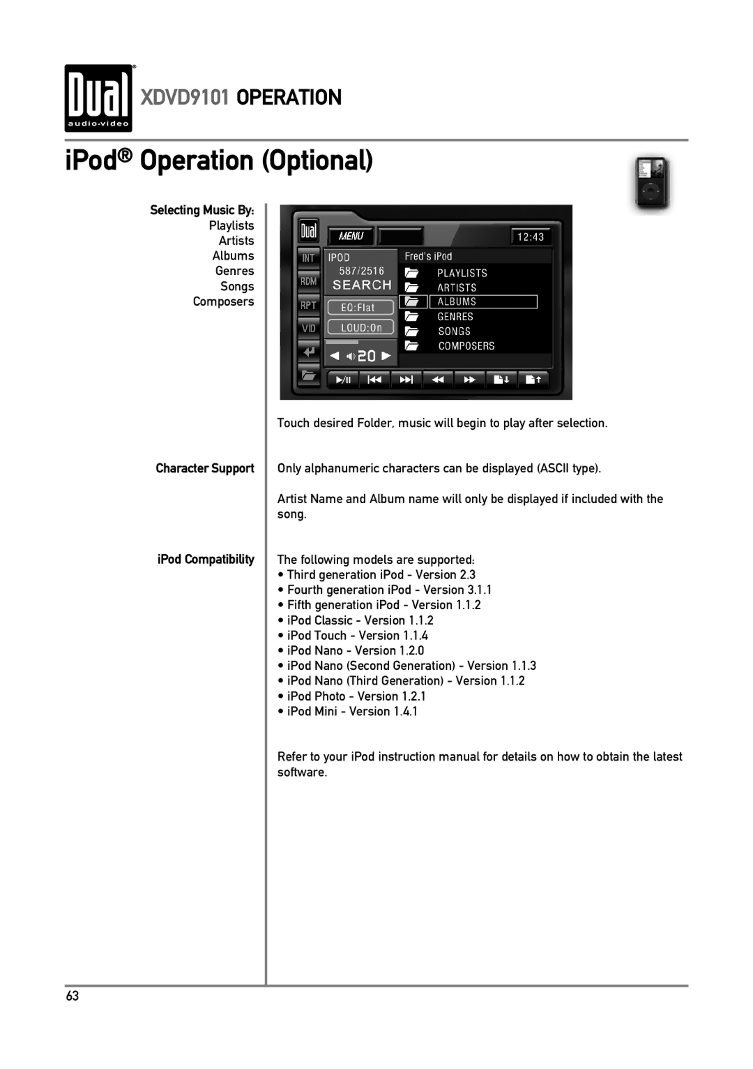 Dual XDVD9101 owner manual Playlists Artists Albums Genres Songs Composers, Character Support IPod Compatibility 