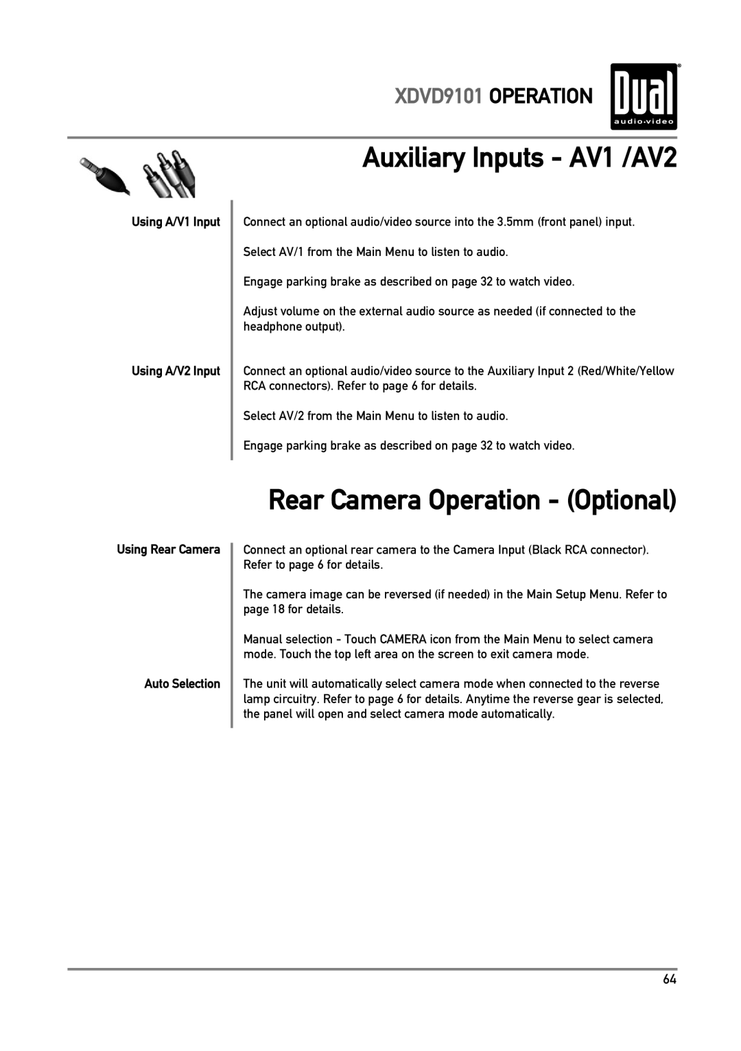 Dual XDVD9101 owner manual Auxiliary Inputs AV1 /AV2, Rear Camera Operation Optional, Using A/V1 Input Using A/V2 Input 