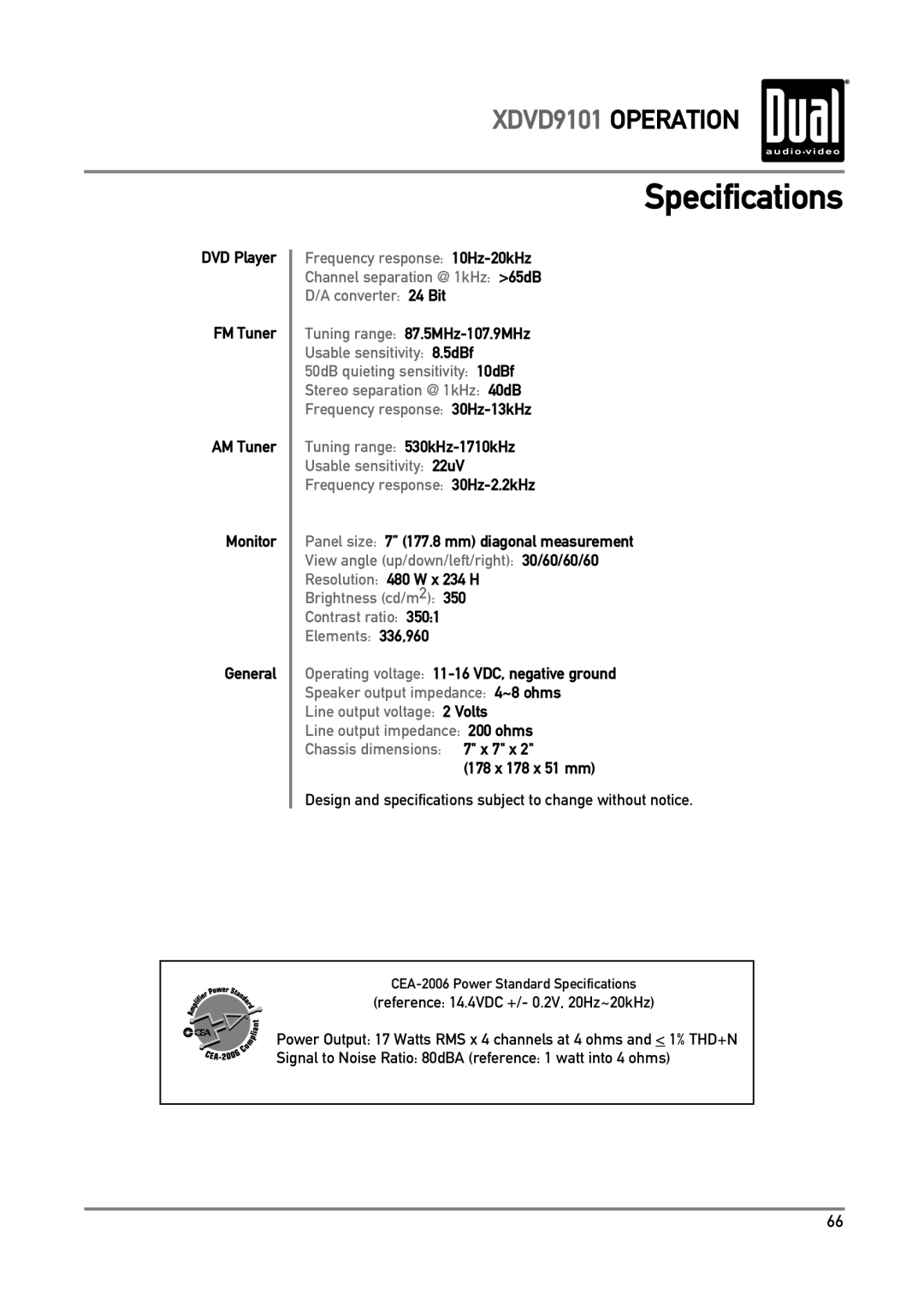 Dual XDVD9101 owner manual Specifications 