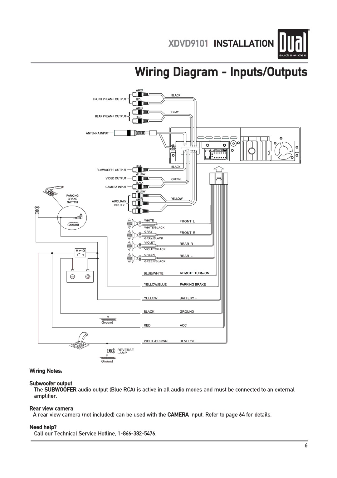 Dual XDVD9101 owner manual Wiring Diagram Inputs/Outputs, Wiring Notes Subwoofer output, Rear view camera, Need help? 