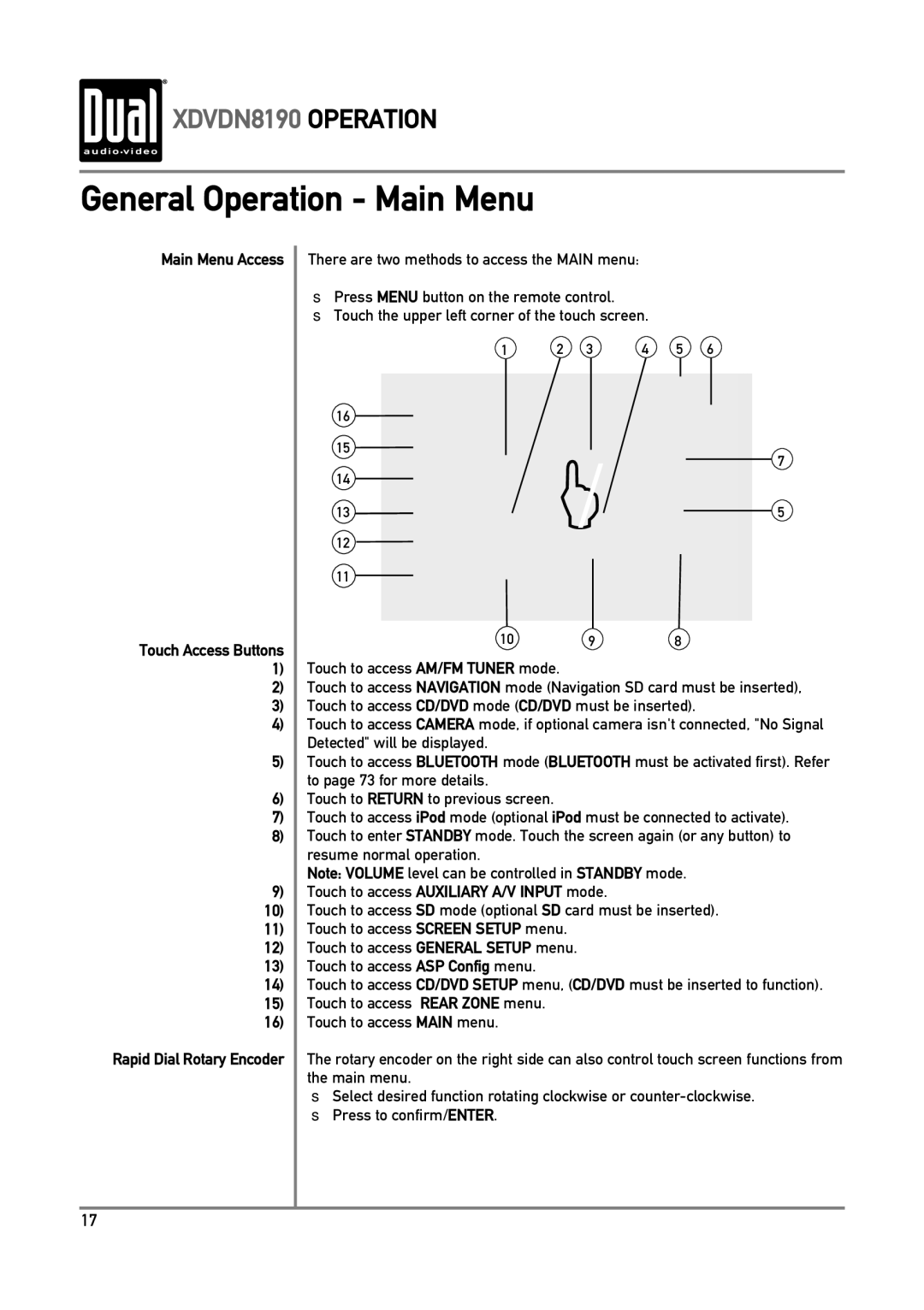 Dual XDVDN8190 owner manual General Operation Main Menu, Main Menu Access 