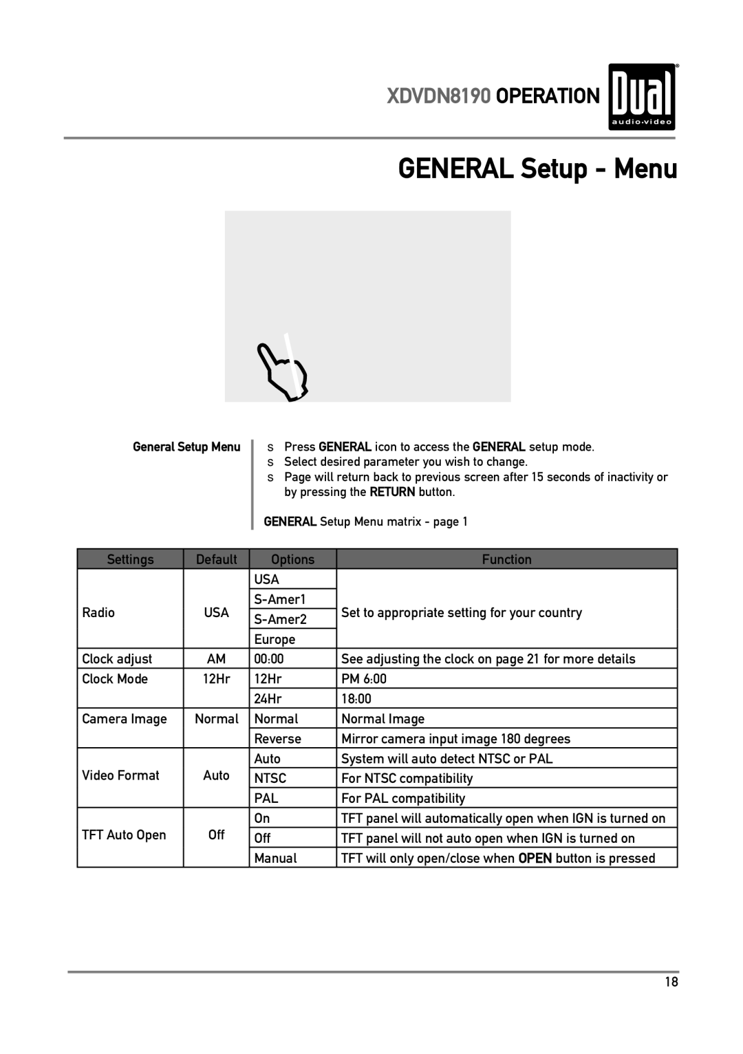 Dual XDVDN8190 owner manual General Setup Menu, Radio, For Ntsc compatibility, For PAL compatibility 