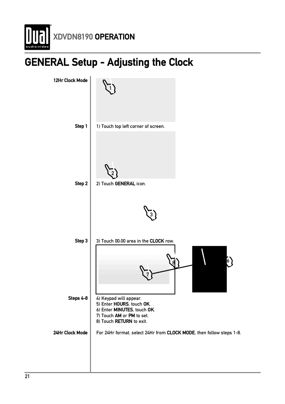 Dual XDVDN8190 owner manual General Setup Adjusting the Clock, 12Hr Clock Mode Step Steps 24Hr Clock Mode 