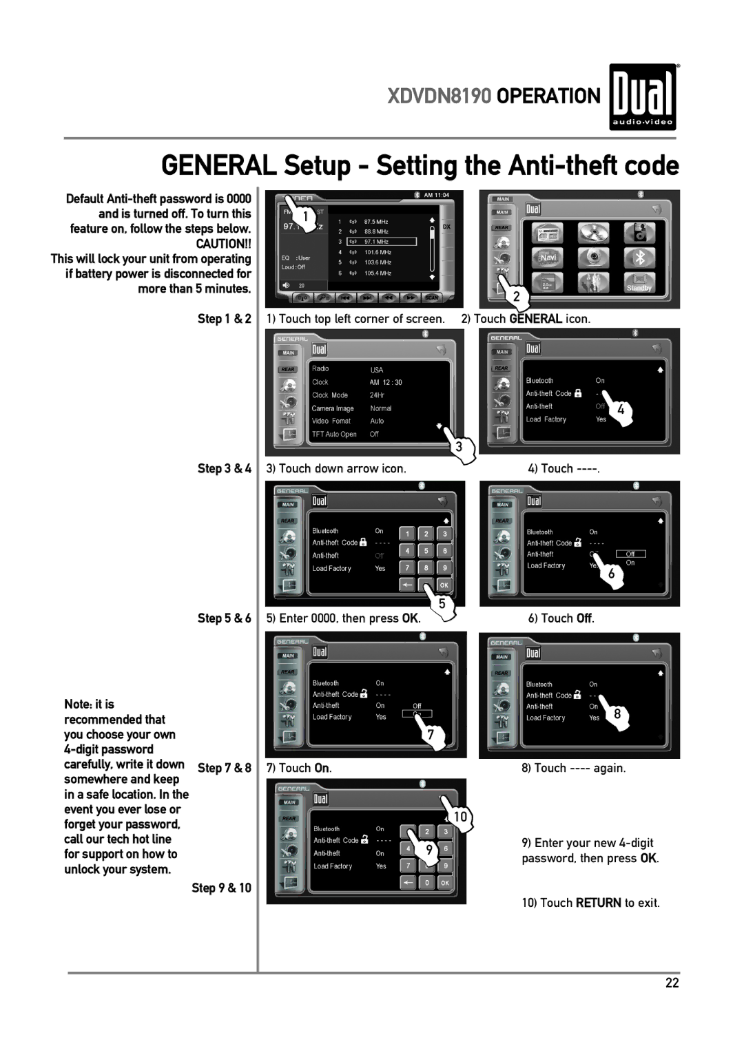 Dual XDVDN8190 Touch down arrow icon, Carefully, write it down & 8 somewhere and keep, Touch On L10 Touch ---- again 