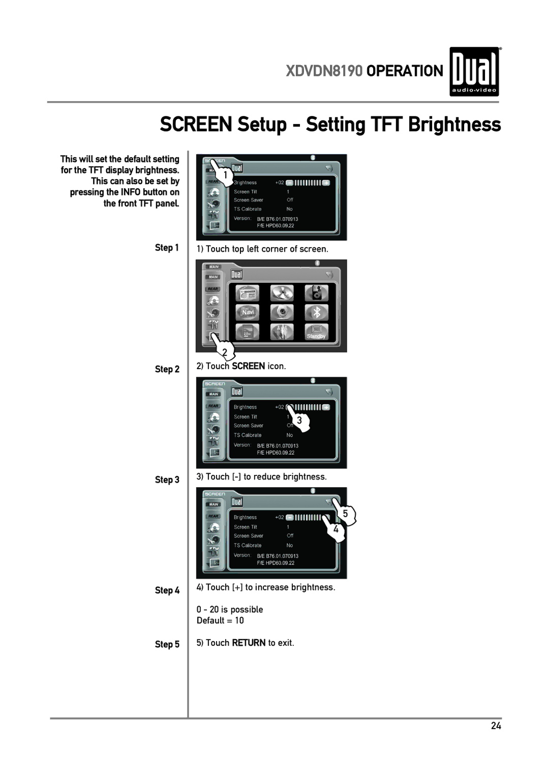 Dual XDVDN8190 owner manual Screen Setup Setting TFT Brightness 