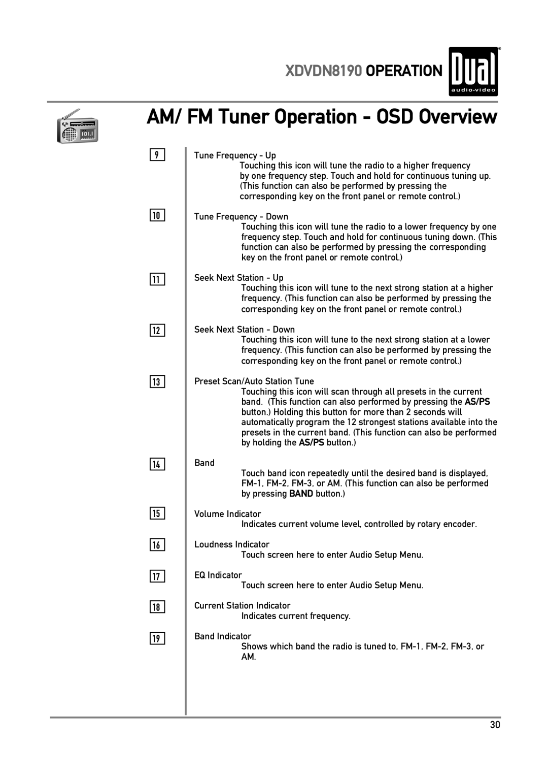 Dual XDVDN8190 owner manual AM/ FM Tuner Operation OSD Overview, Tune Frequency Down, Seek Next Station Up 