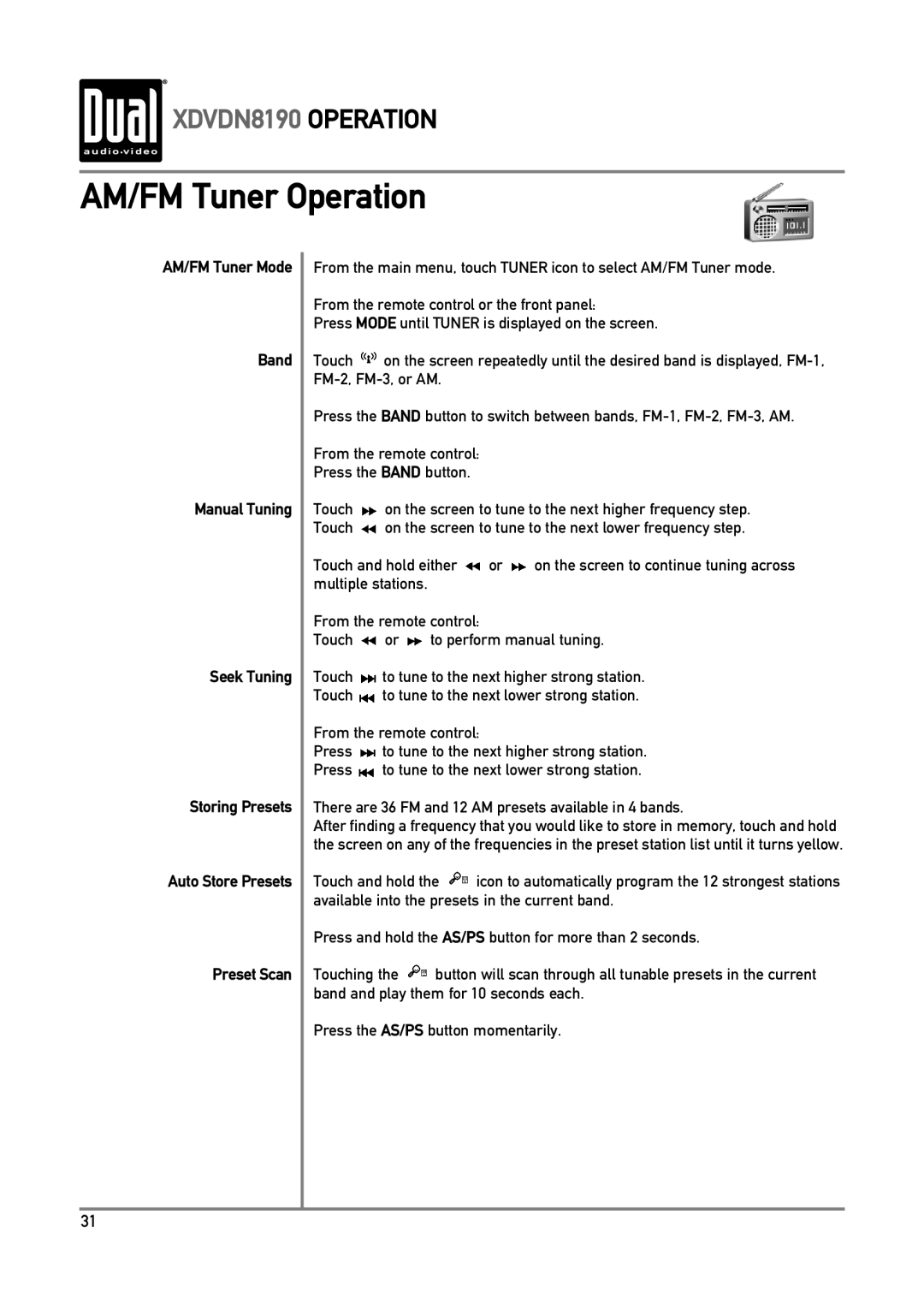 Dual XDVDN8190 owner manual AM/FM Tuner Operation, Preset Scan 