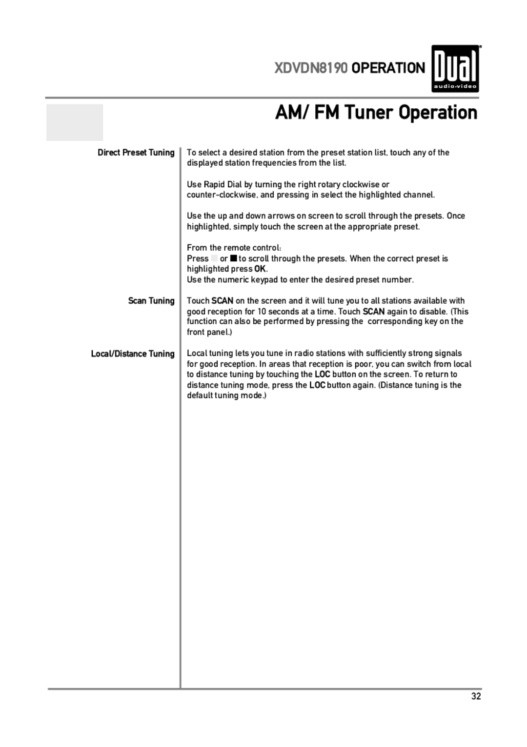 Dual XDVDN8190 owner manual AM/ FM Tuner Operation, Scan Tuning, Front panel 