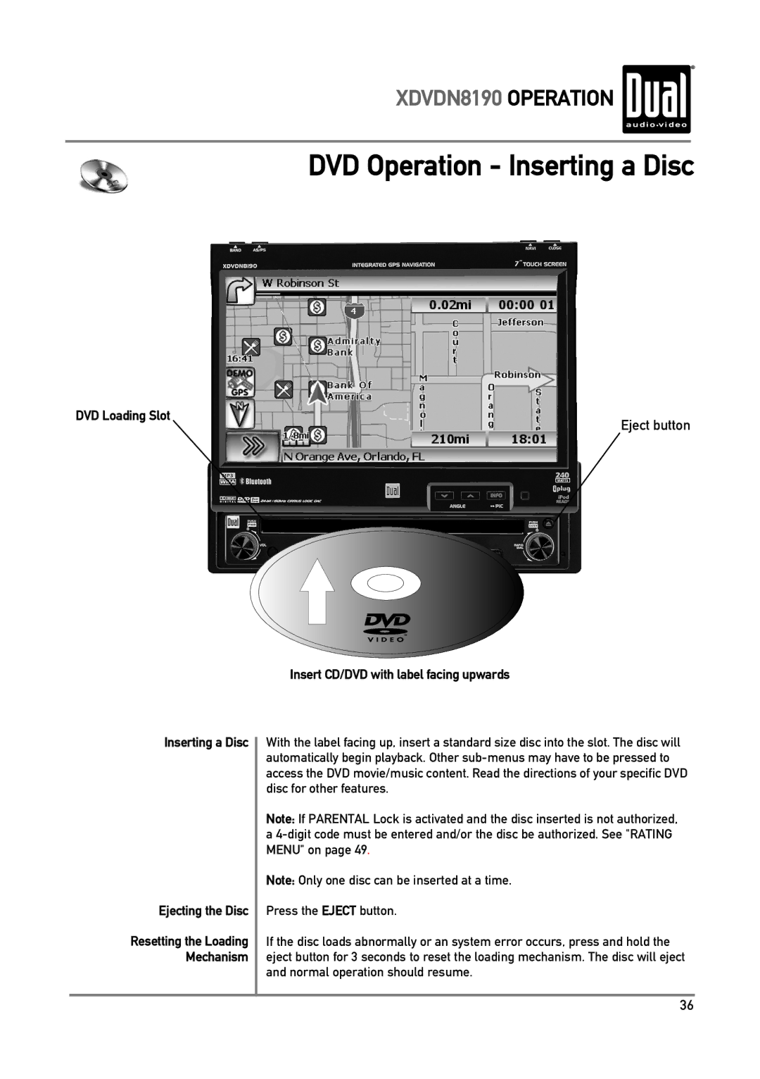 Dual XDVDN8190 owner manual DVD Operation Inserting a Disc, DVD Loading Slot, Eject button 