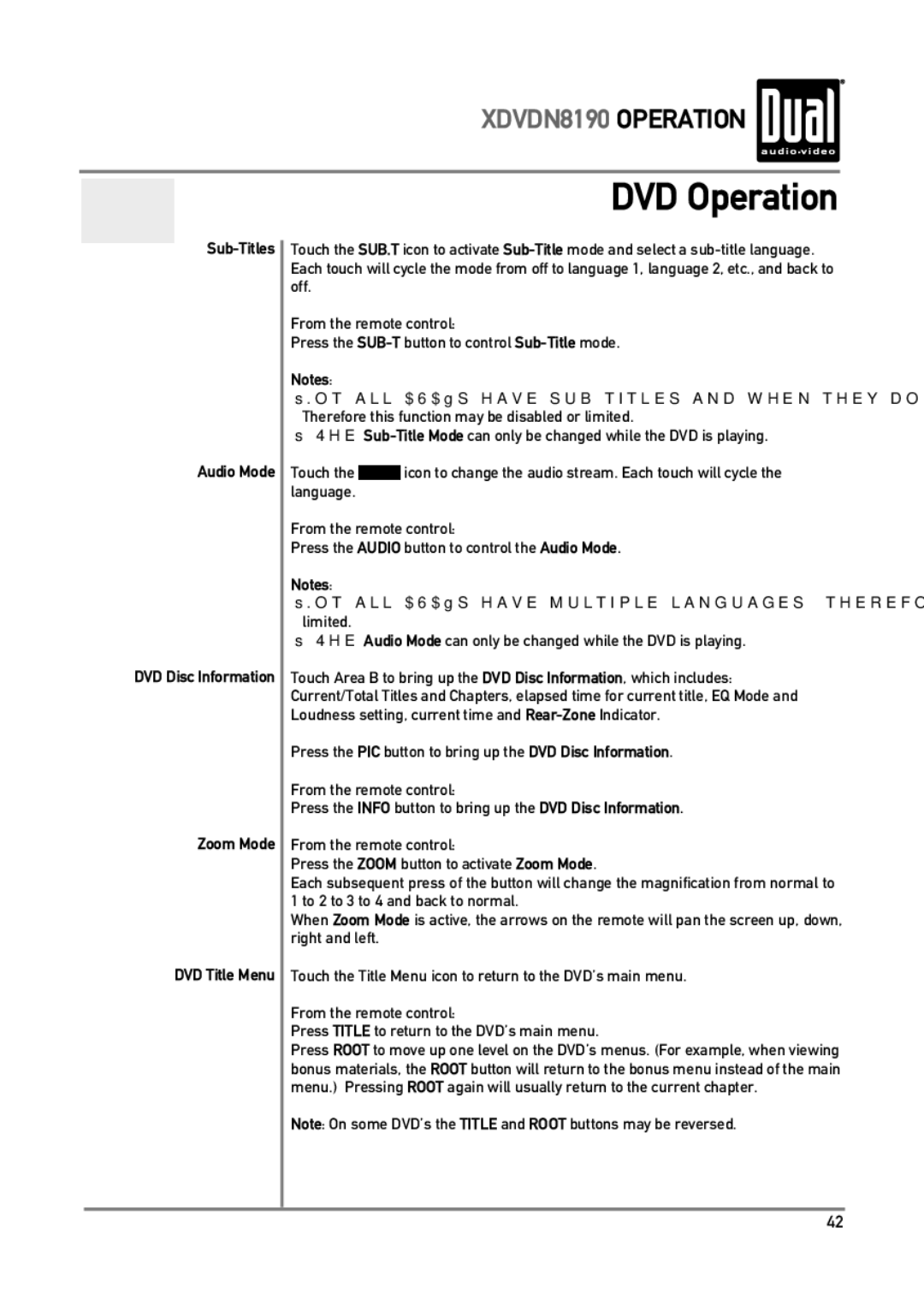 Dual XDVDN8190 owner manual DVD Operation, Sub-Titles Audio Mode, Zoom Mode DVD Title Menu 