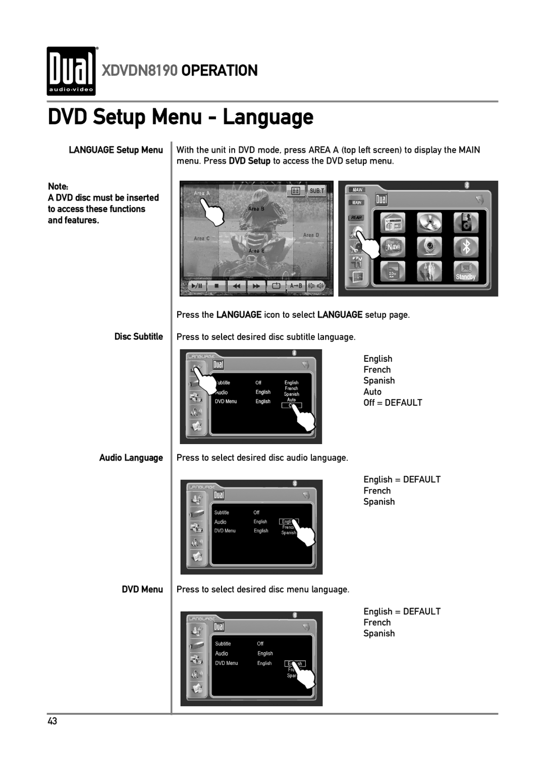 Dual XDVDN8190 owner manual DVD Setup Menu Language, Language Setup Menu, Disc Subtitle Audio Language DVD Menu 