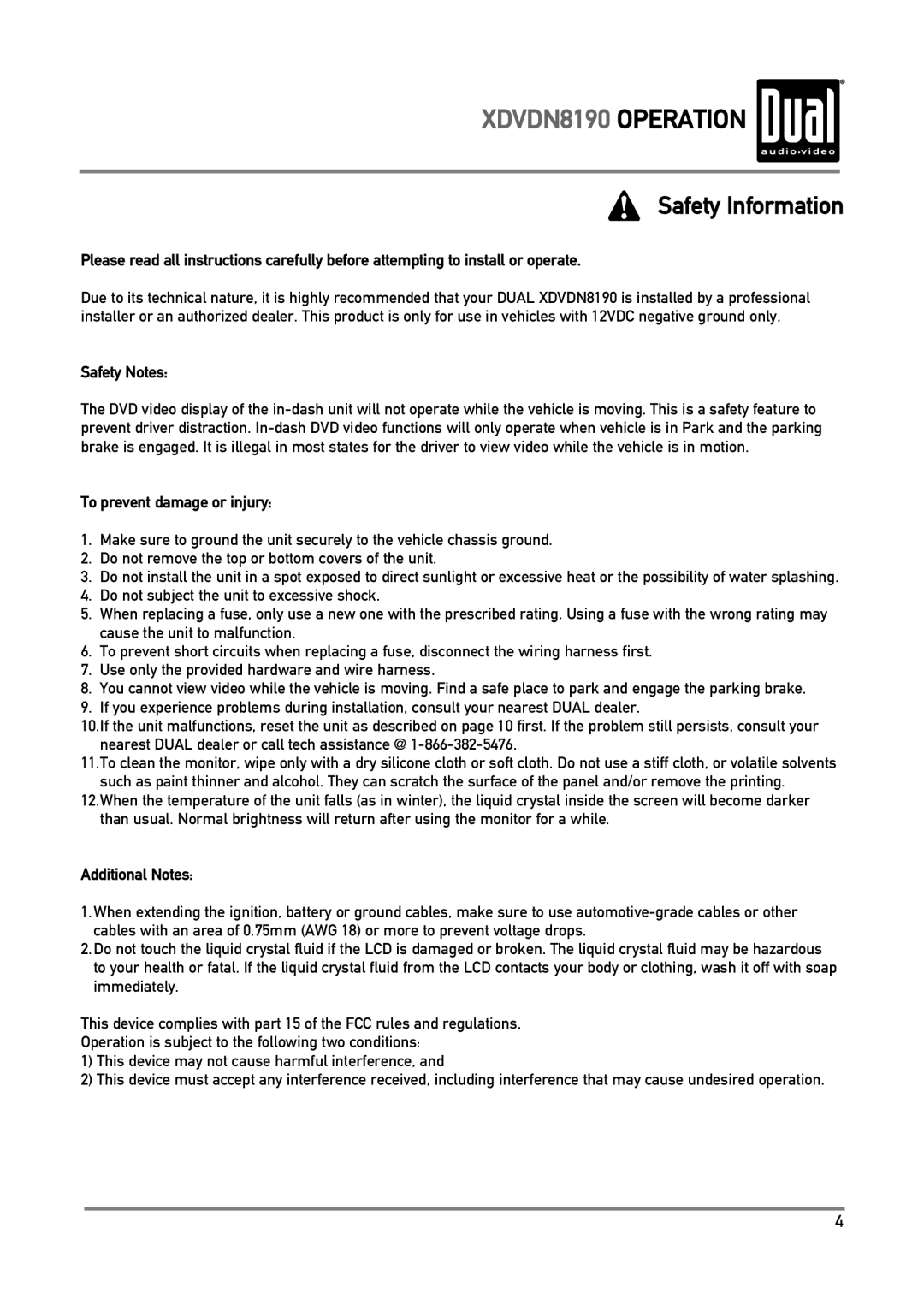 Dual XDVDN8190 owner manual To prevent damage or injury, Additional Notes 