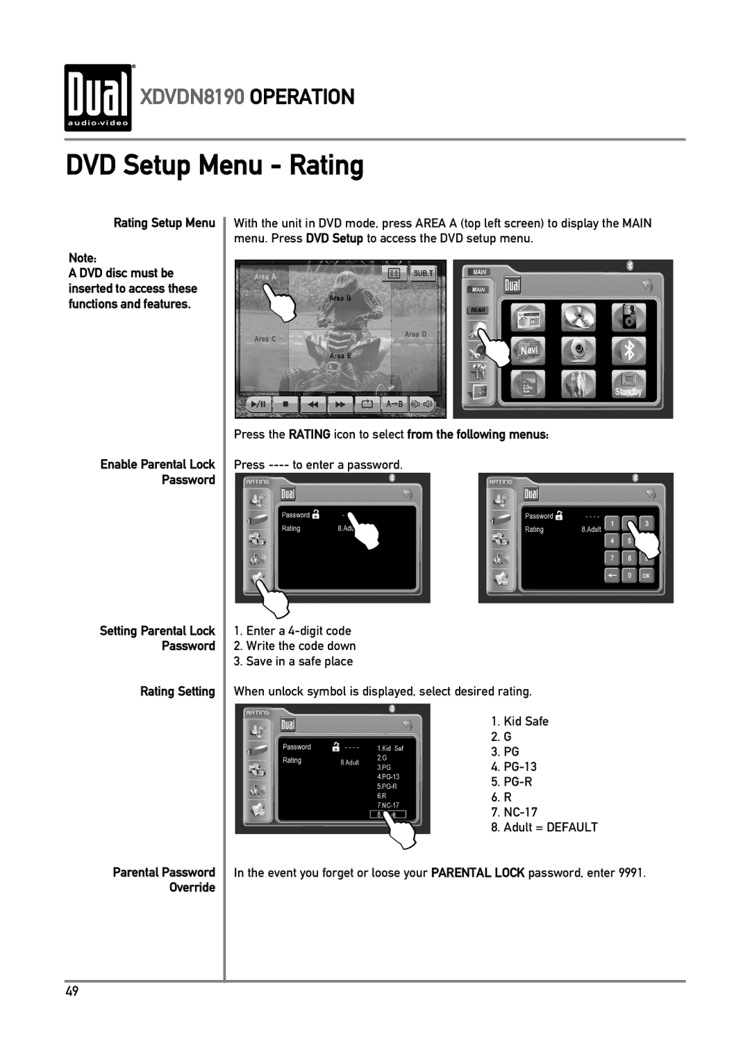 Dual XDVDN8190 owner manual DVD Setup Menu Rating, Rating Setup Menu, Rating Setting Parental Password Override, NC-17 