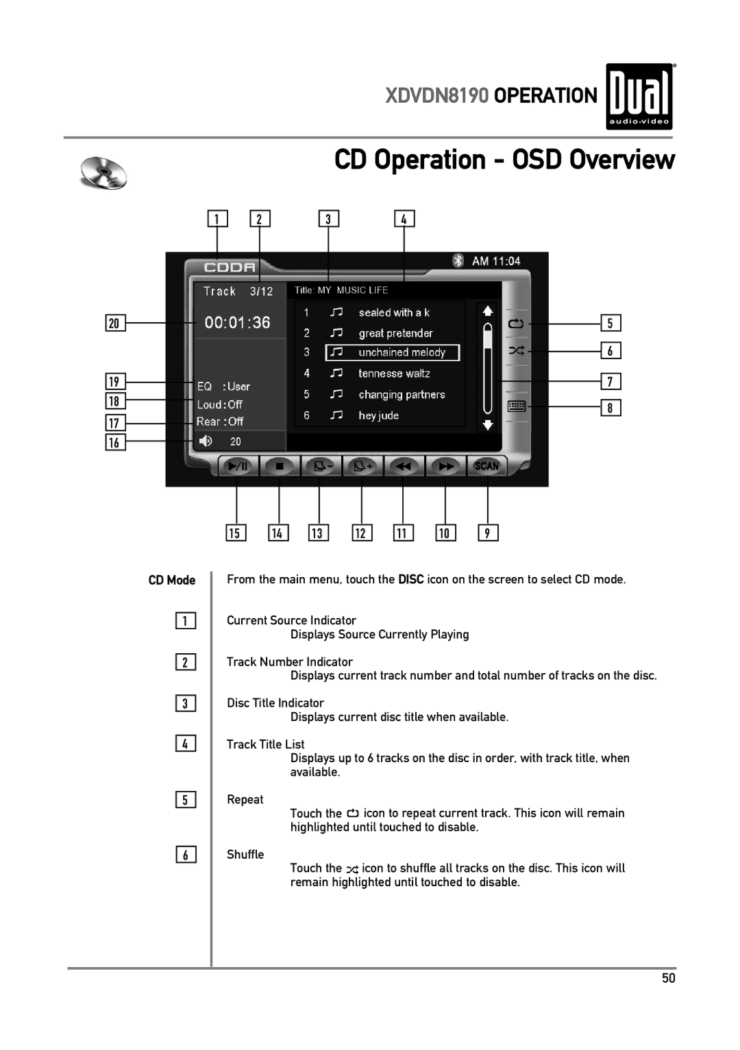 Dual XDVDN8190 owner manual CD Operation OSD Overview, CD Mode, Touch, Highlighted until touched to disable 