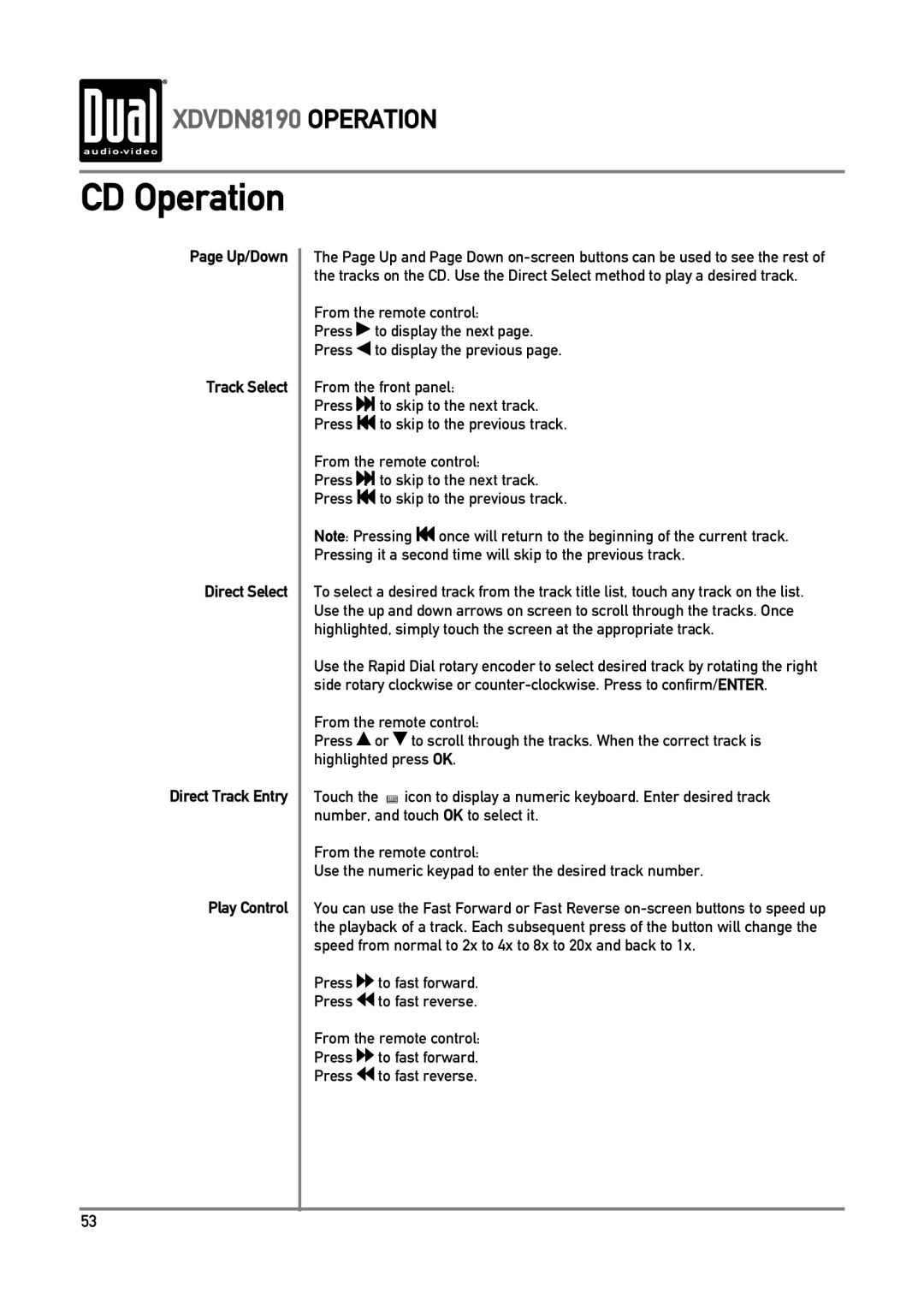 Dual XDVDN8190 owner manual CD Operation 