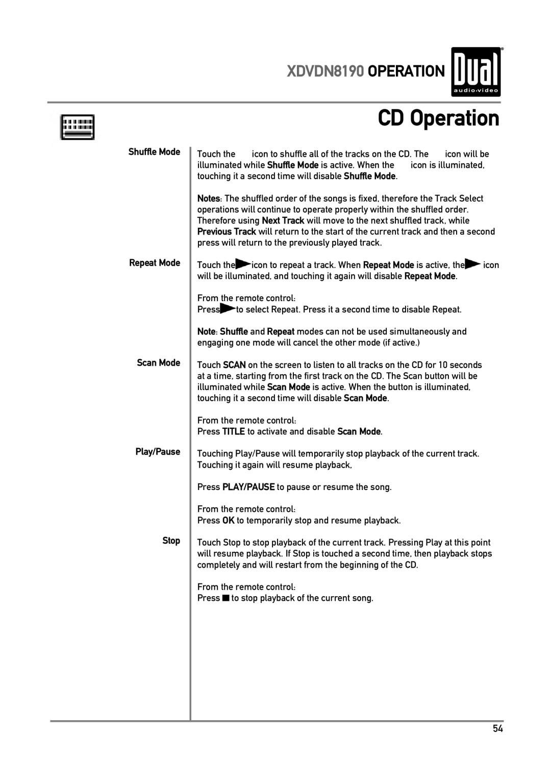 Dual XDVDN8190 owner manual Shuffle Mode Repeat Mode Scan Mode Play/Pause Stop 