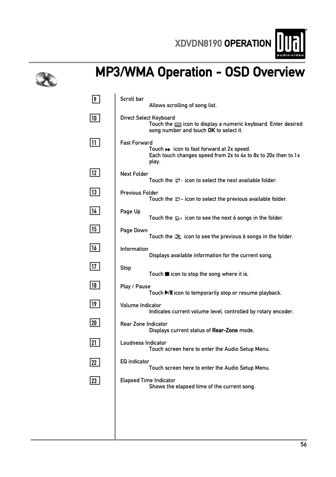 Dual XDVDN8190 owner manual MP3/WMA Operation OSD Overview 