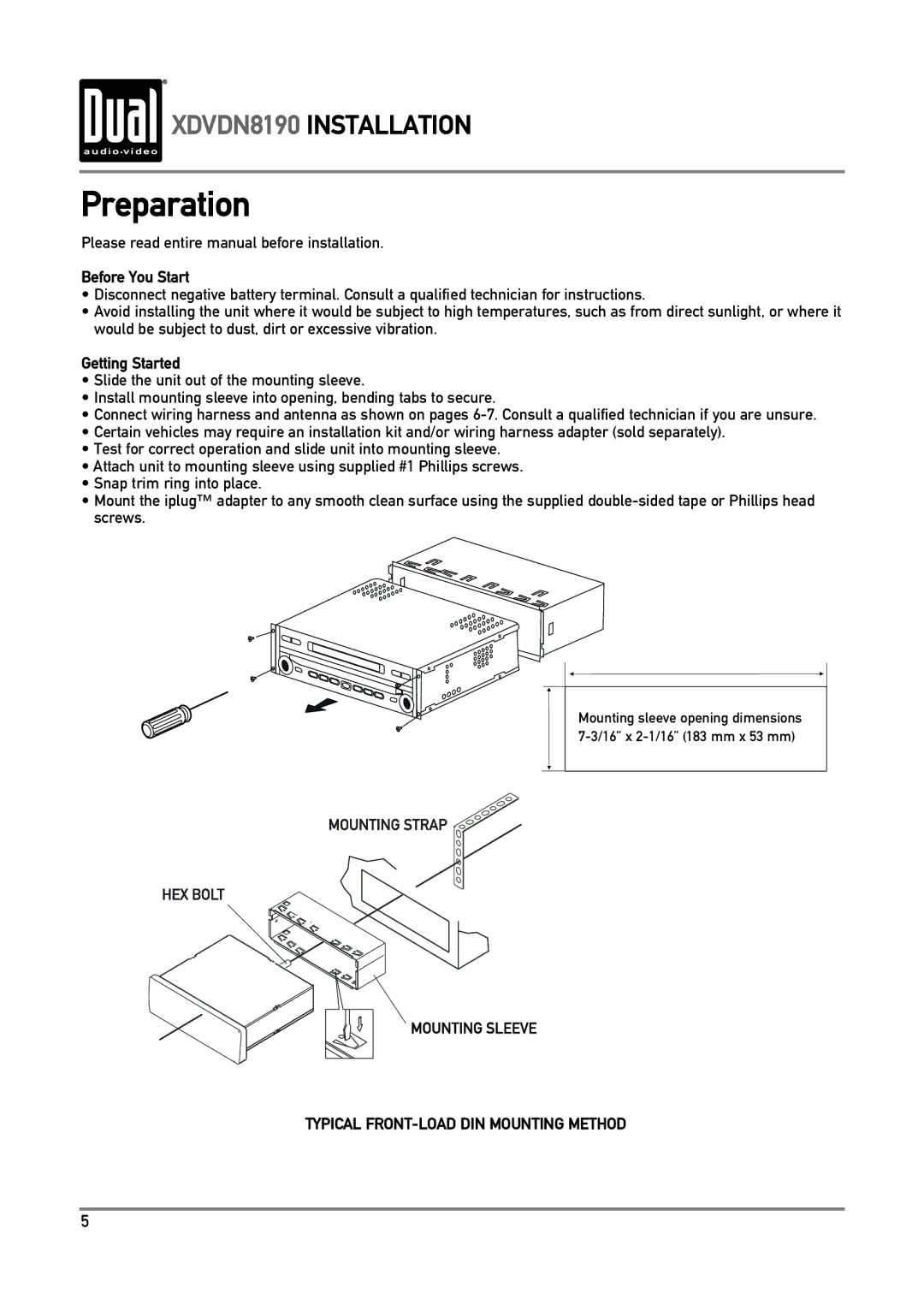 Dual XDVDN8190 owner manual Preparation, Please read entire manual before installation, Before You Start, Getting Started 